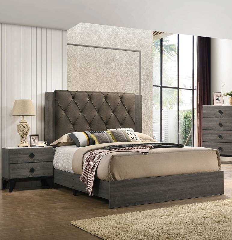 Poundex Foil Grey Fabric 2pc Bedroom Set With Queen Bed