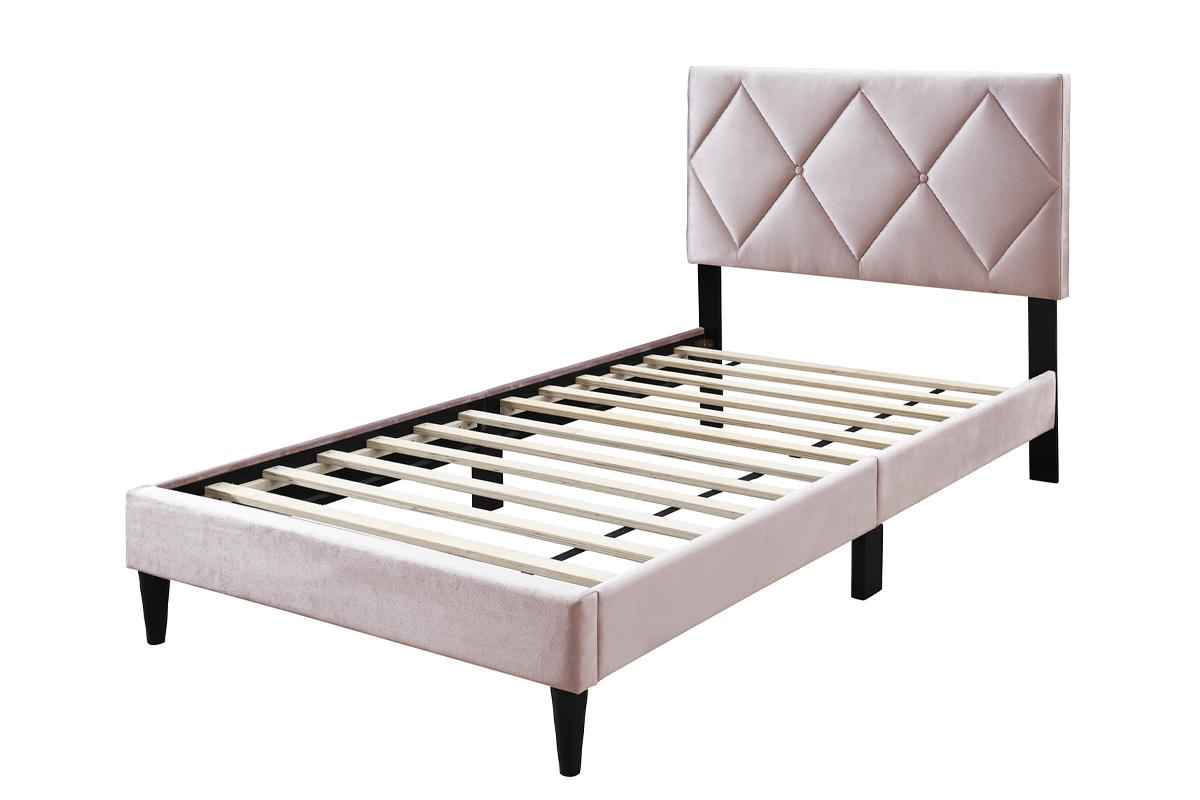 Poundex Light Pink Velvet Twin Bed
