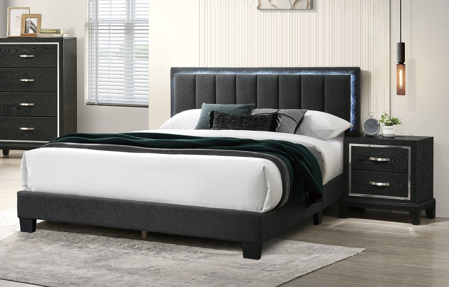 Poundex Charcoal Black 2pc Full LED Lights Panel Bedroom Set