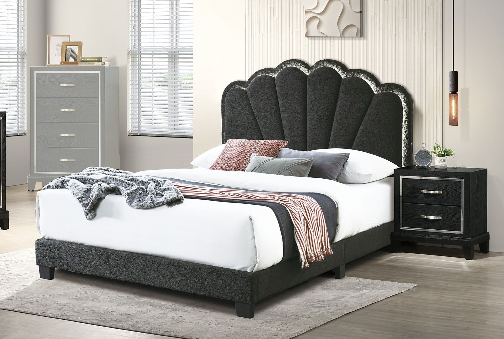 Poundex Charcoal Black 2pc Queen LED Lights Bedroom Set