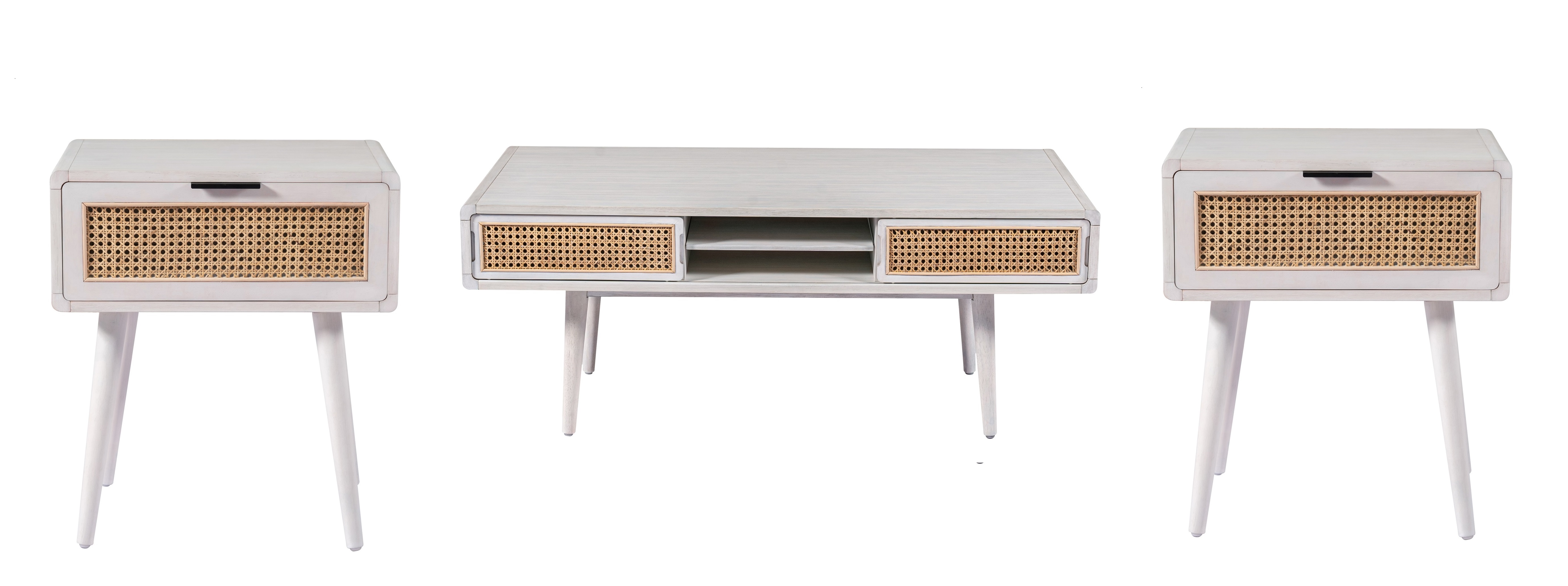 Boraam Cambria White Wash Natural Cane 3pc Coffee Table Set