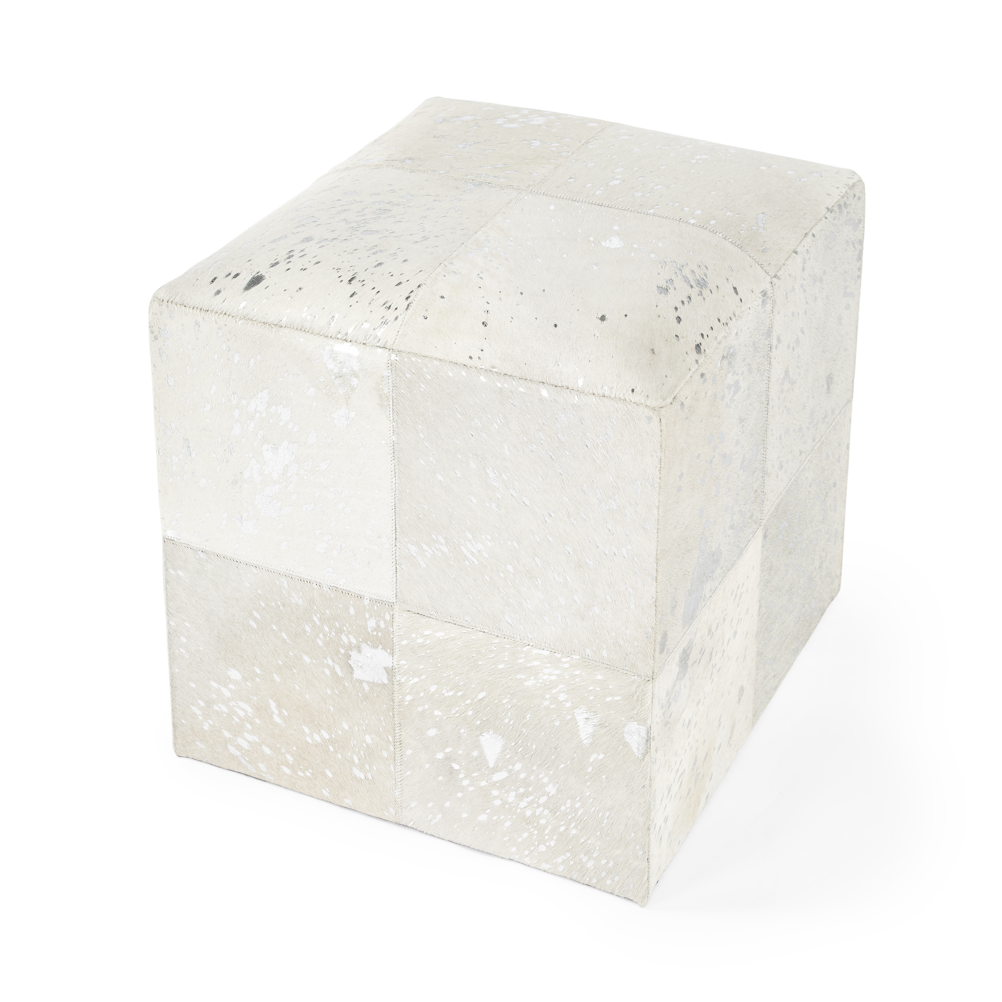 Butler Specialty Victorian White Silver Hair on Hide with Spots Cube Ottoma...