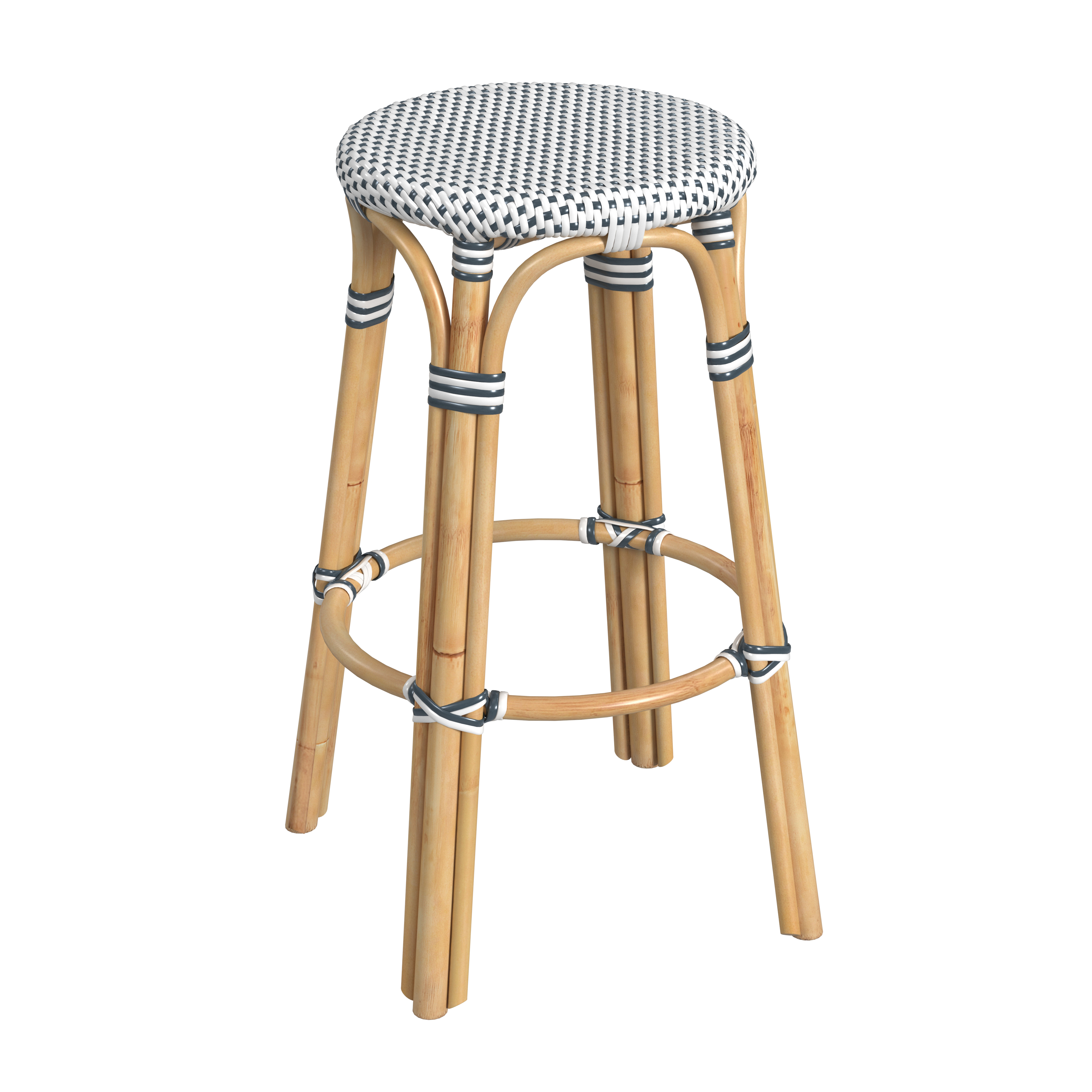 Butler Specialty Tobias White Navy Dot Round Rattan 30 Inch Bar Stool