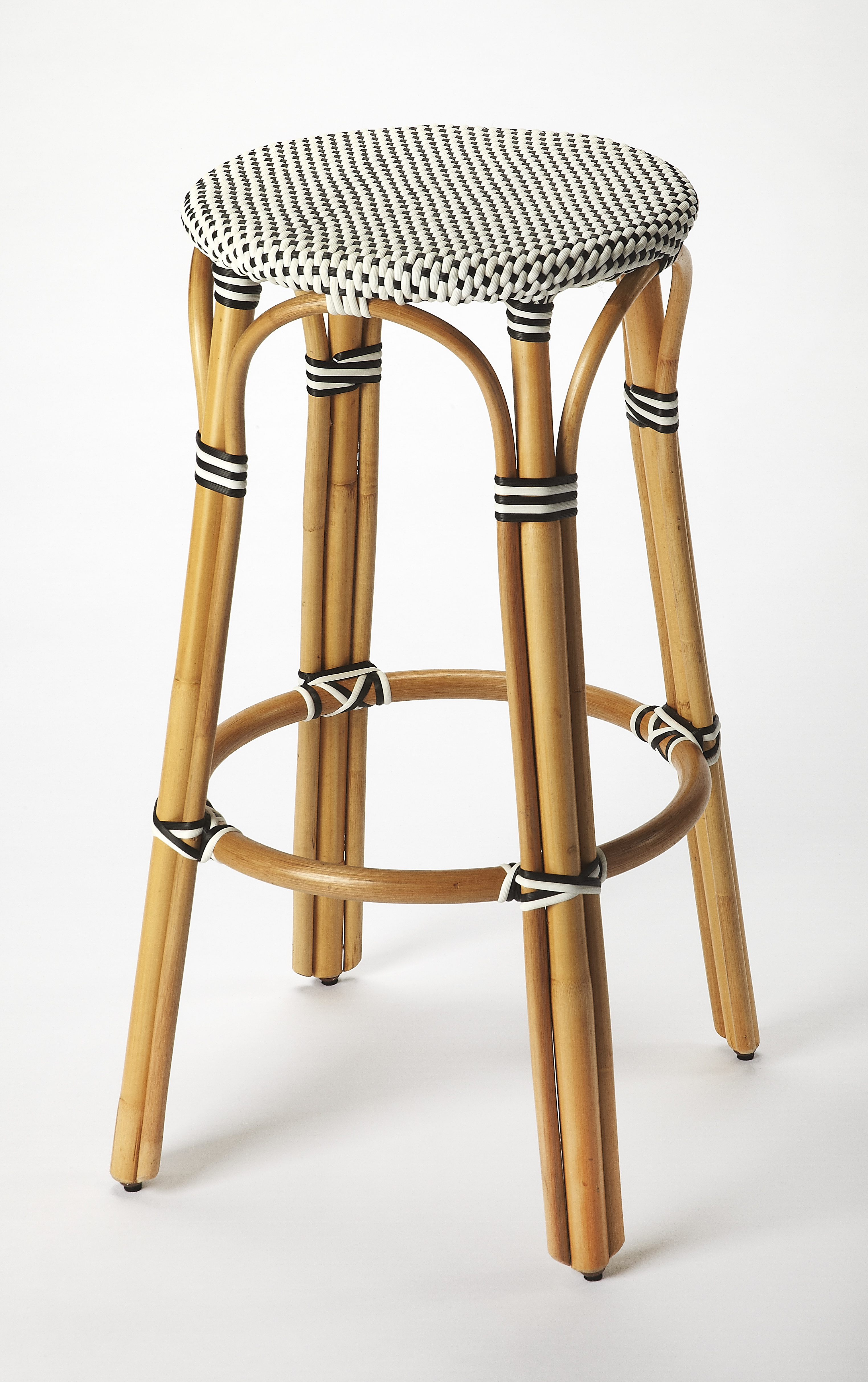 Butler Specialty Tobias Black White Round Rattan 30 Inch Bar Stool