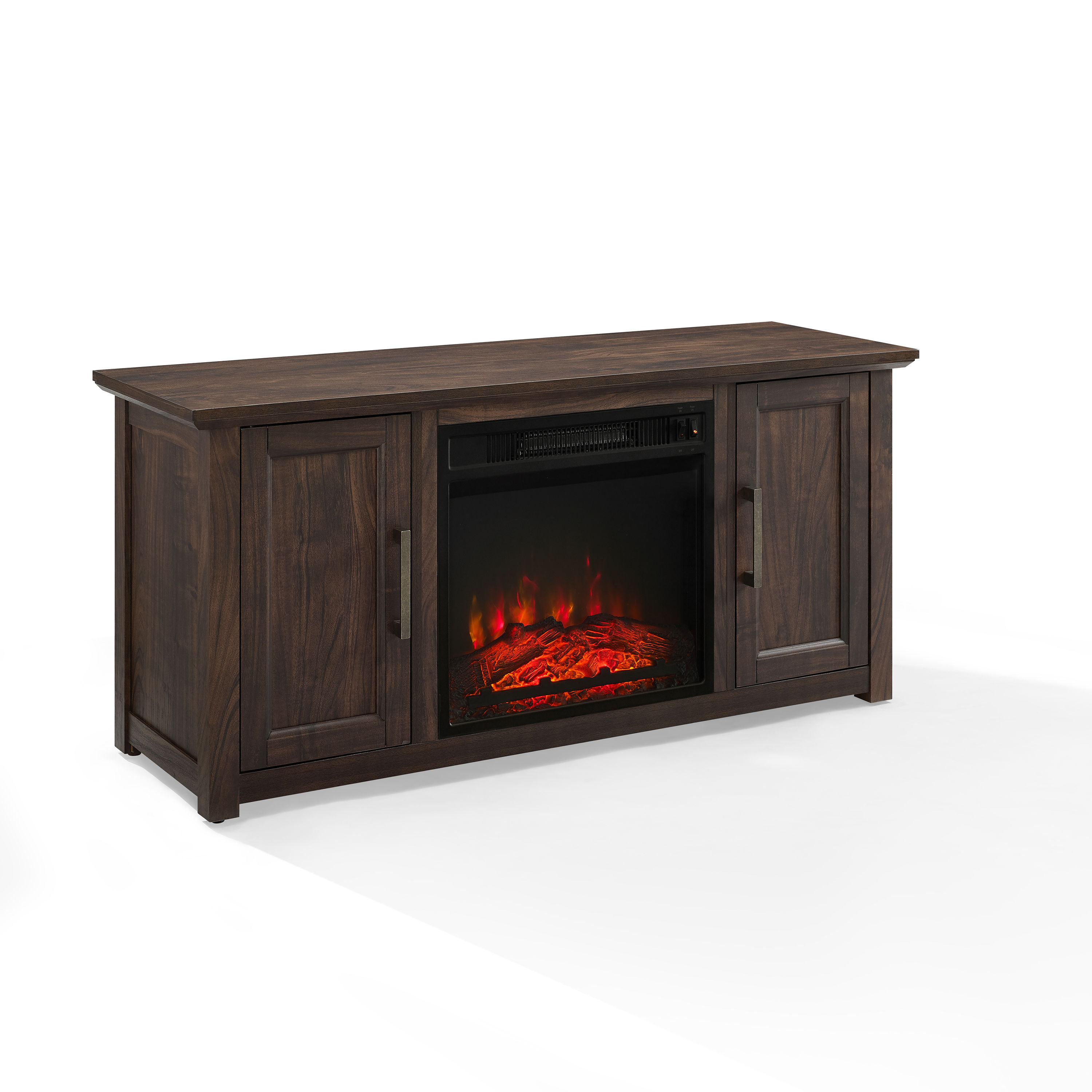 Crosley Camden Dark Walnut Low Profile TV Stand with Fireplace