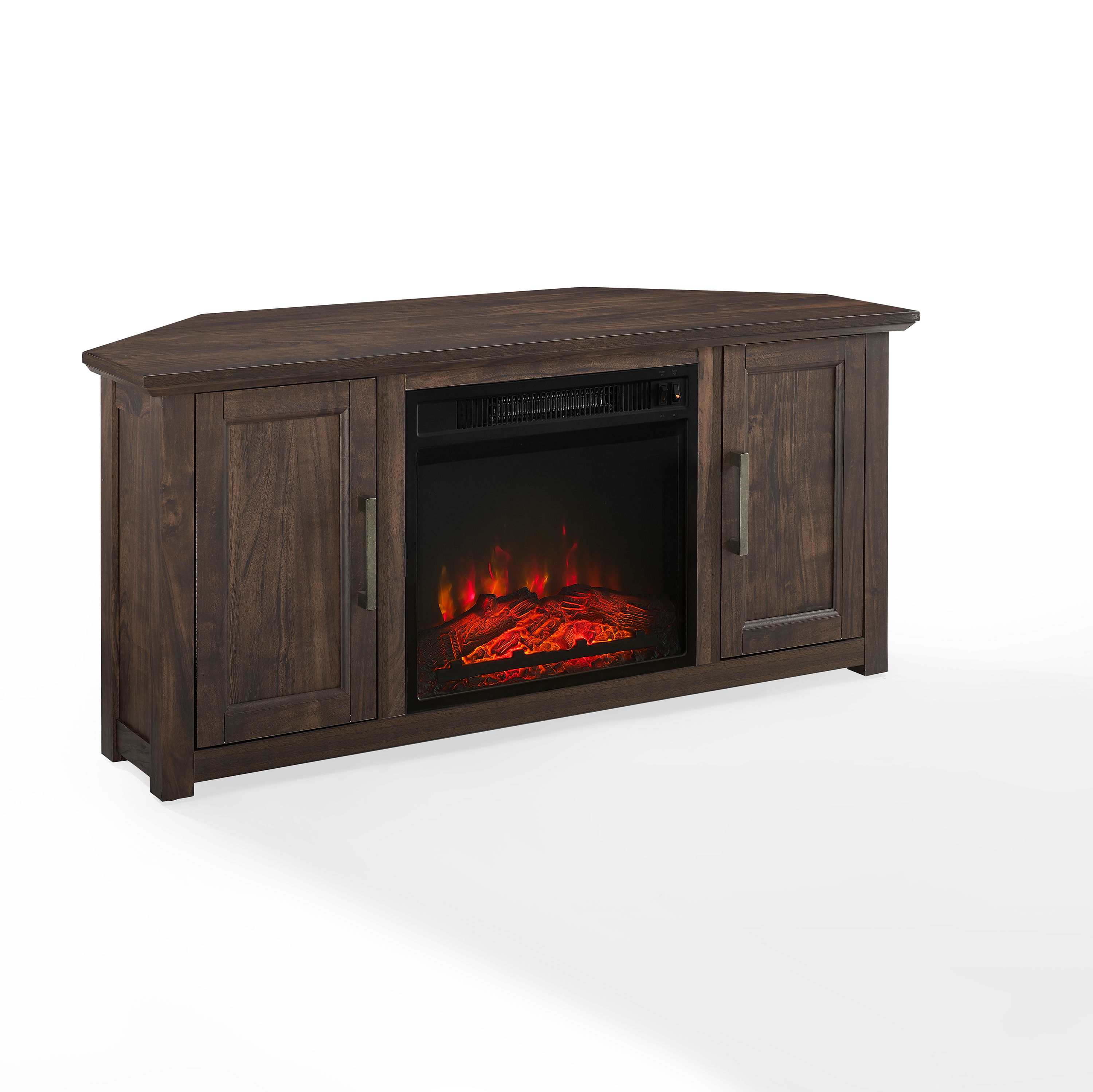 Crosley Camden Dark Walnut Corner TV Stand with Fireplace