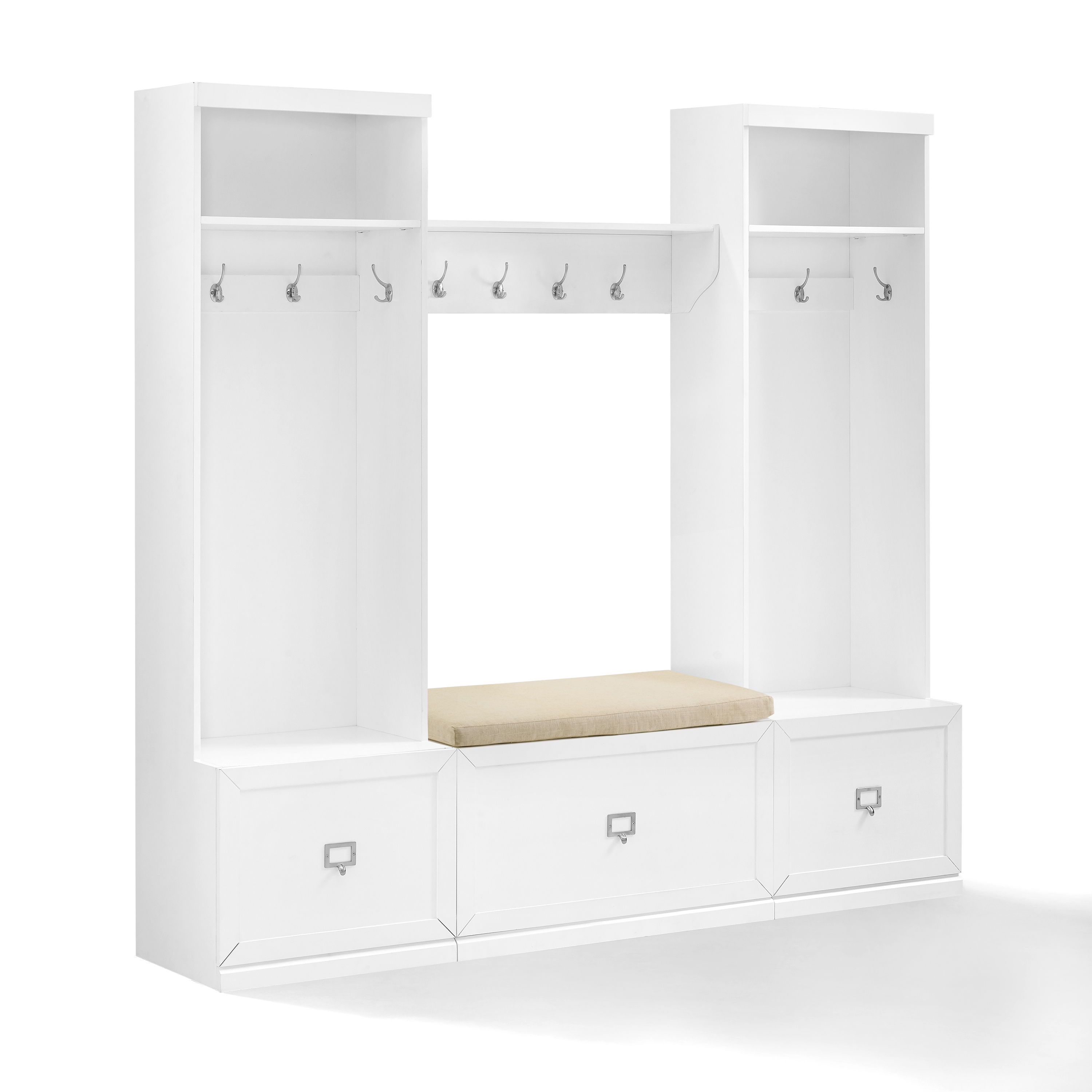 Crosley Harper Tan White 4pc Entryway Set with Bench Shelf and 2 Hall Trees