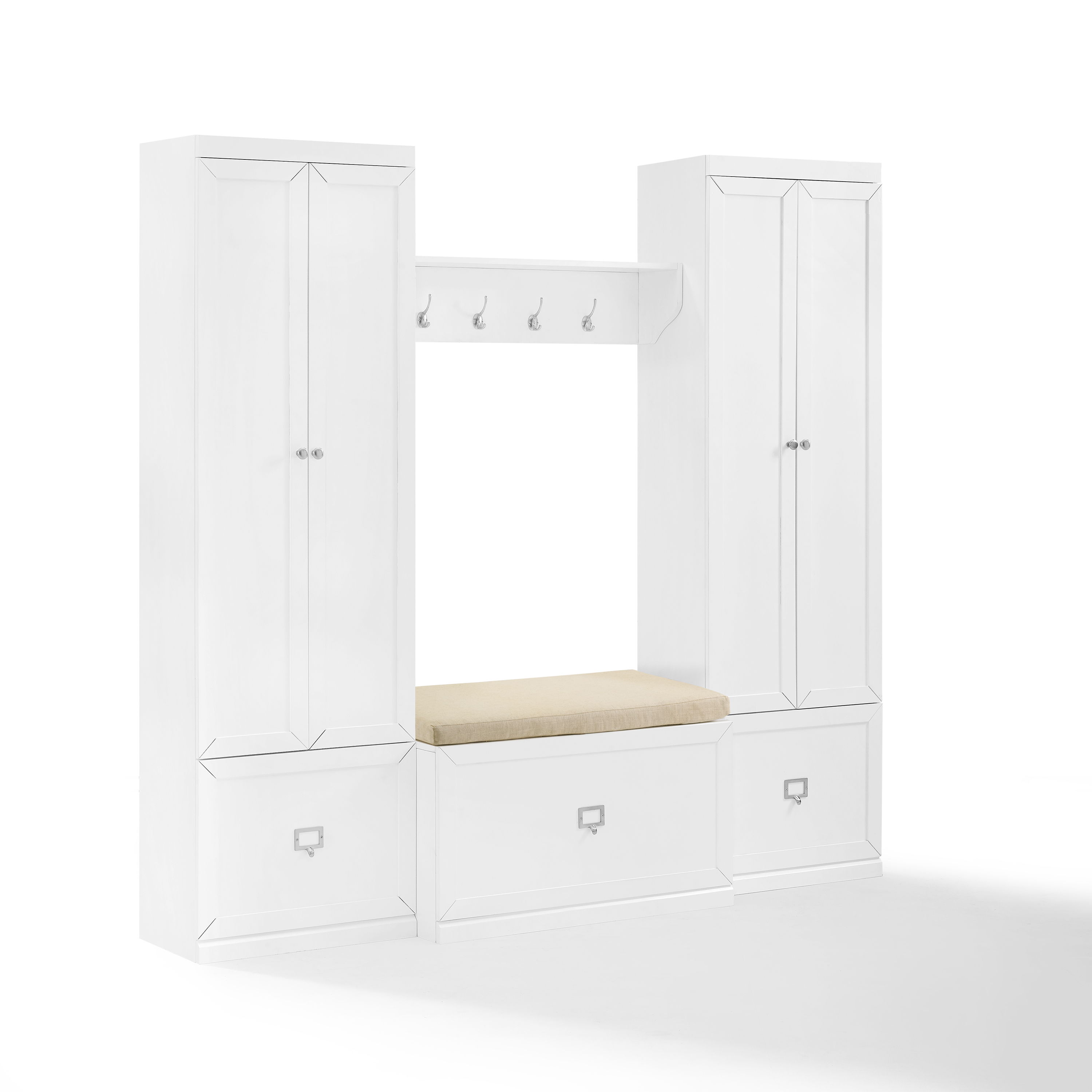 Crosley Harper Tan White 4pc Entryway Set with Bench Shelf and 2 Pantry Clo...