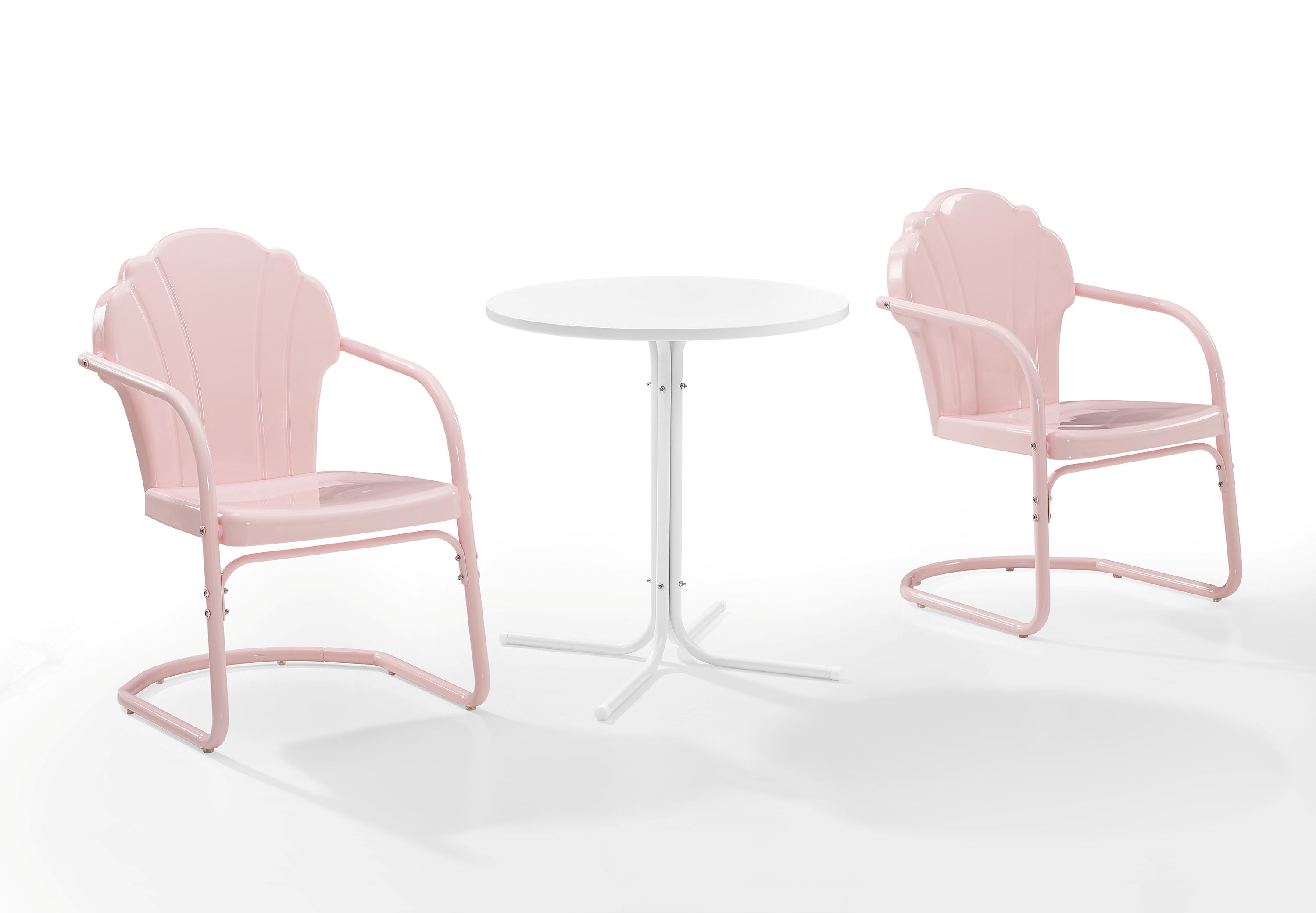 Crosley Tulip White Satin Pastel Pink Gloss 3pc Retro Outdoor Bistro Set