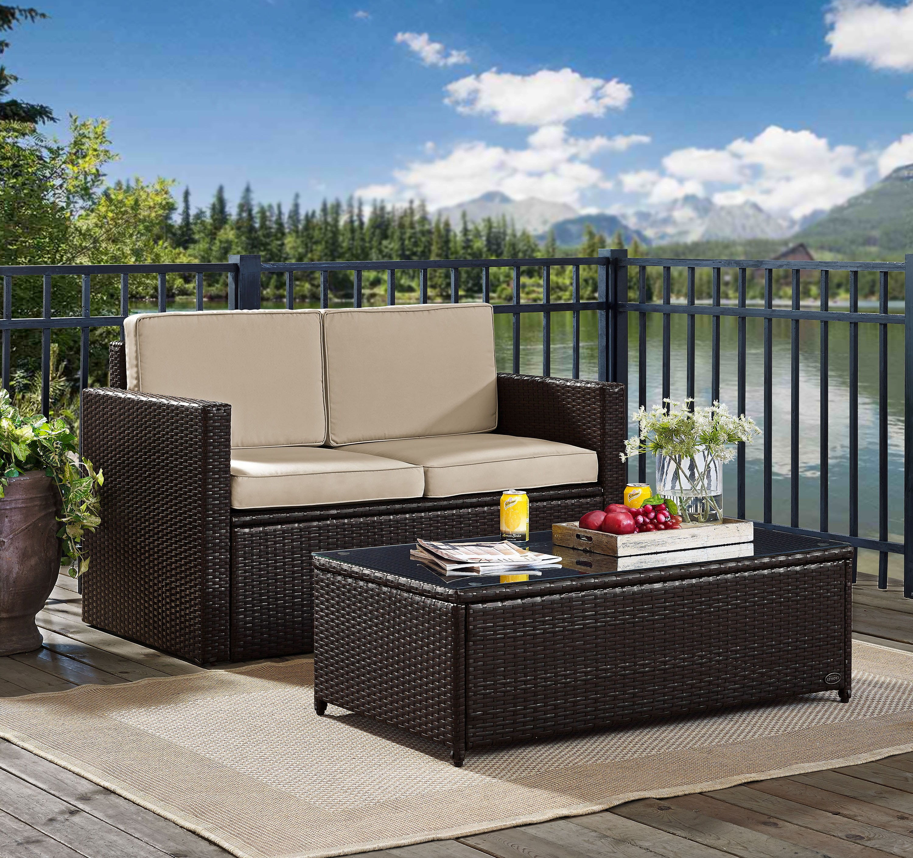 Crosley Palm Harbor Brown Sand 2pc Wicker Outdoor Patio Loveseat and Coffee...