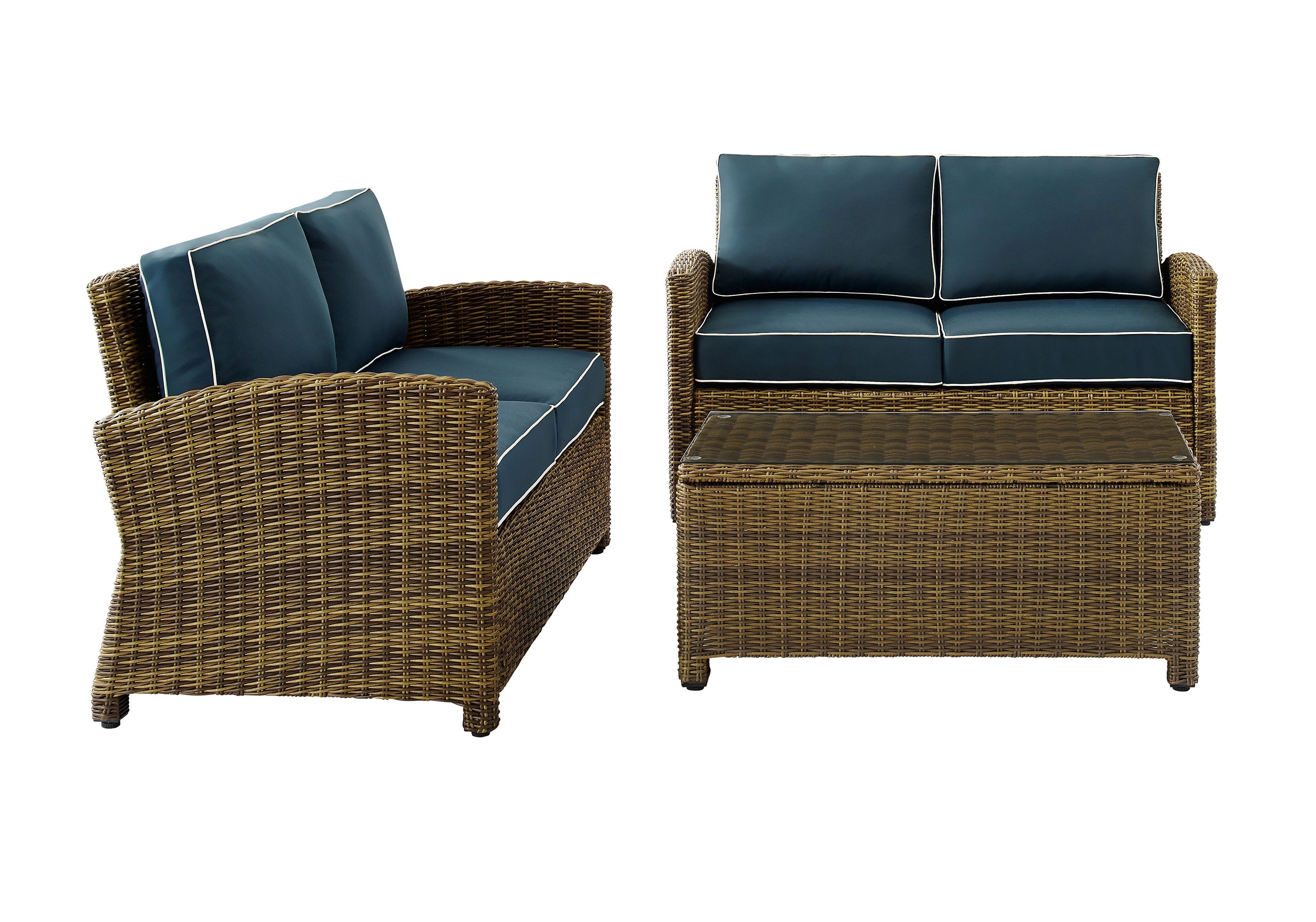 Crosley Bradenton Weathered Brown Navy 3pc Outdoor Patio Seating Set