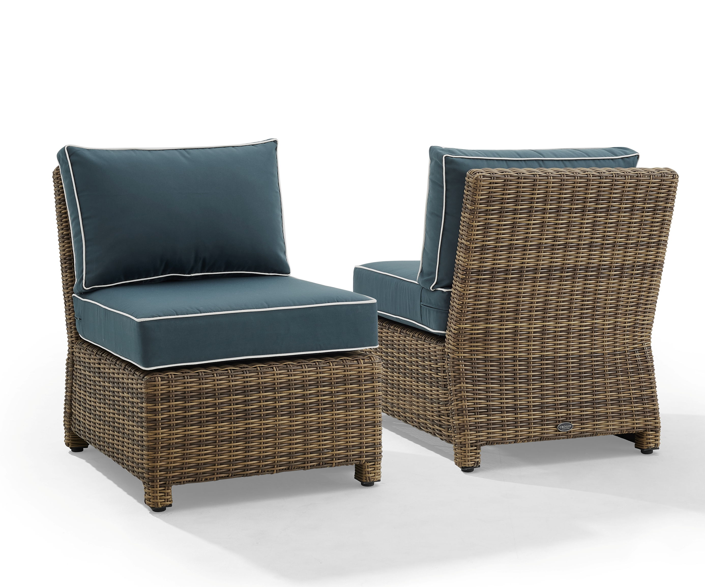 2 Crosley Bradenton Weathered Brown Navy Outdoor Armless Chairs
