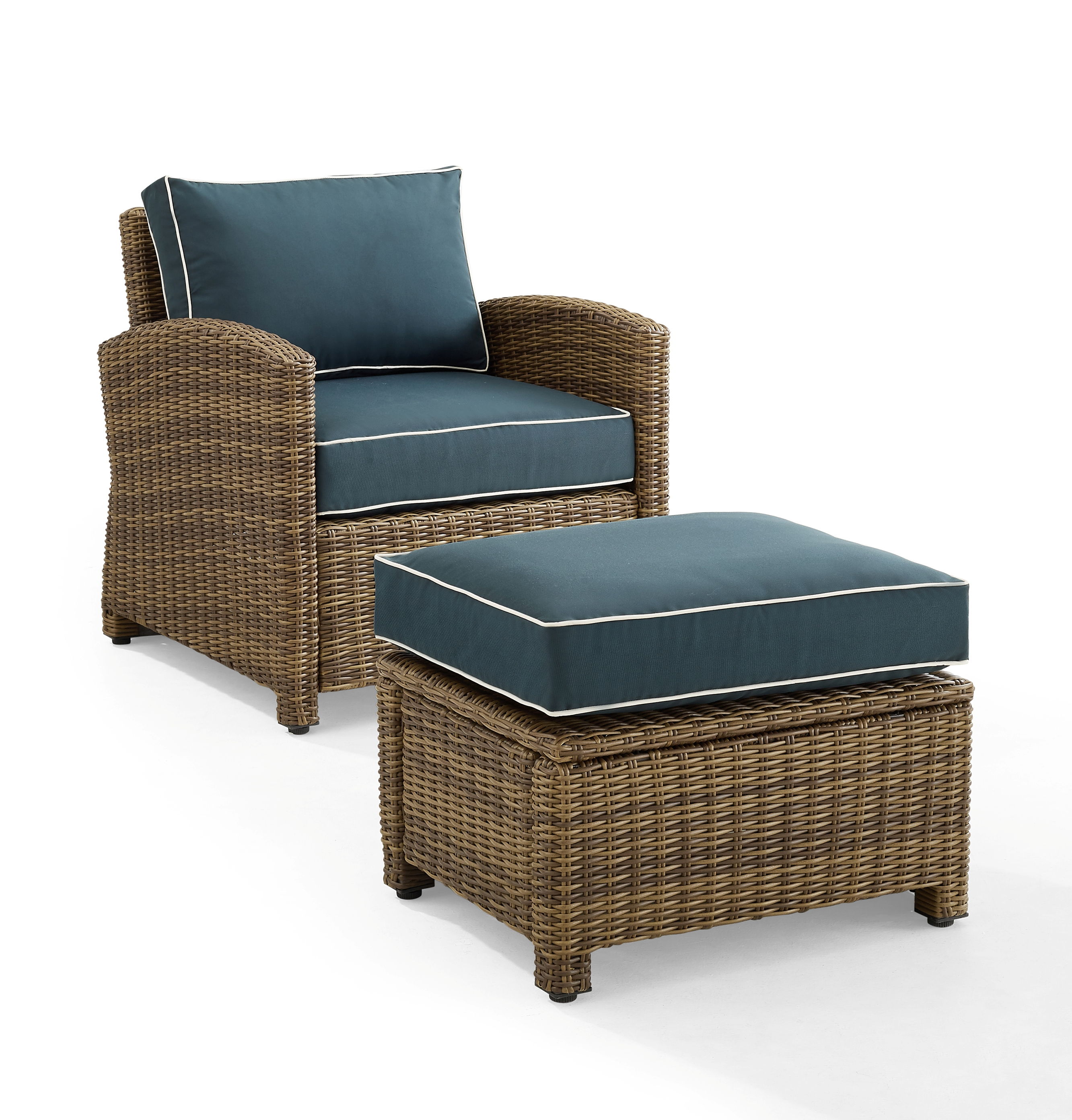 Crosley Bradenton Weathered Brown Navy 2pc Outdoor Armchair with Ottoman Se...