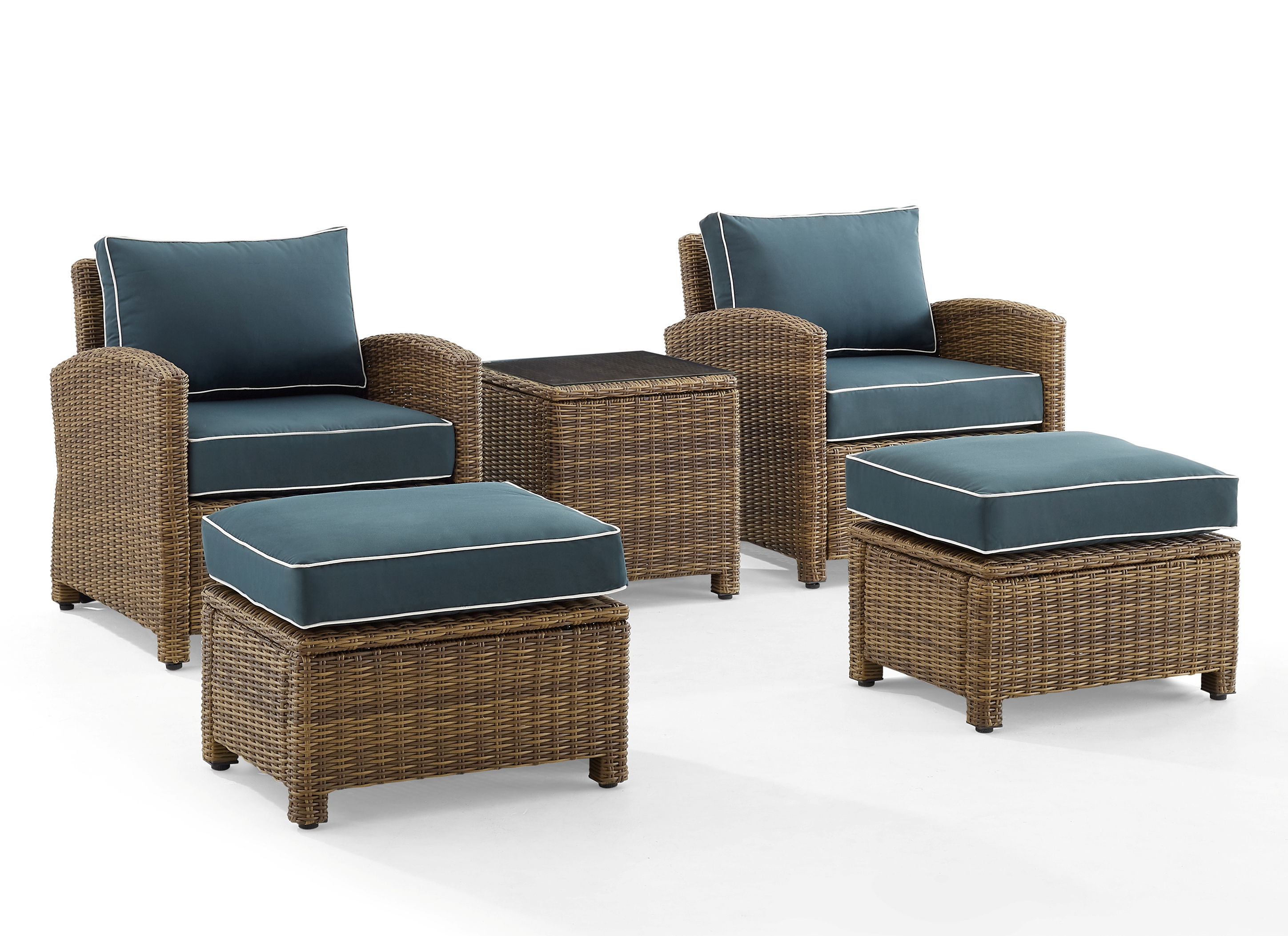 Crosley Bradenton Weathered Brown Navy 5pc Outdoor Arm Chair with Ottoman