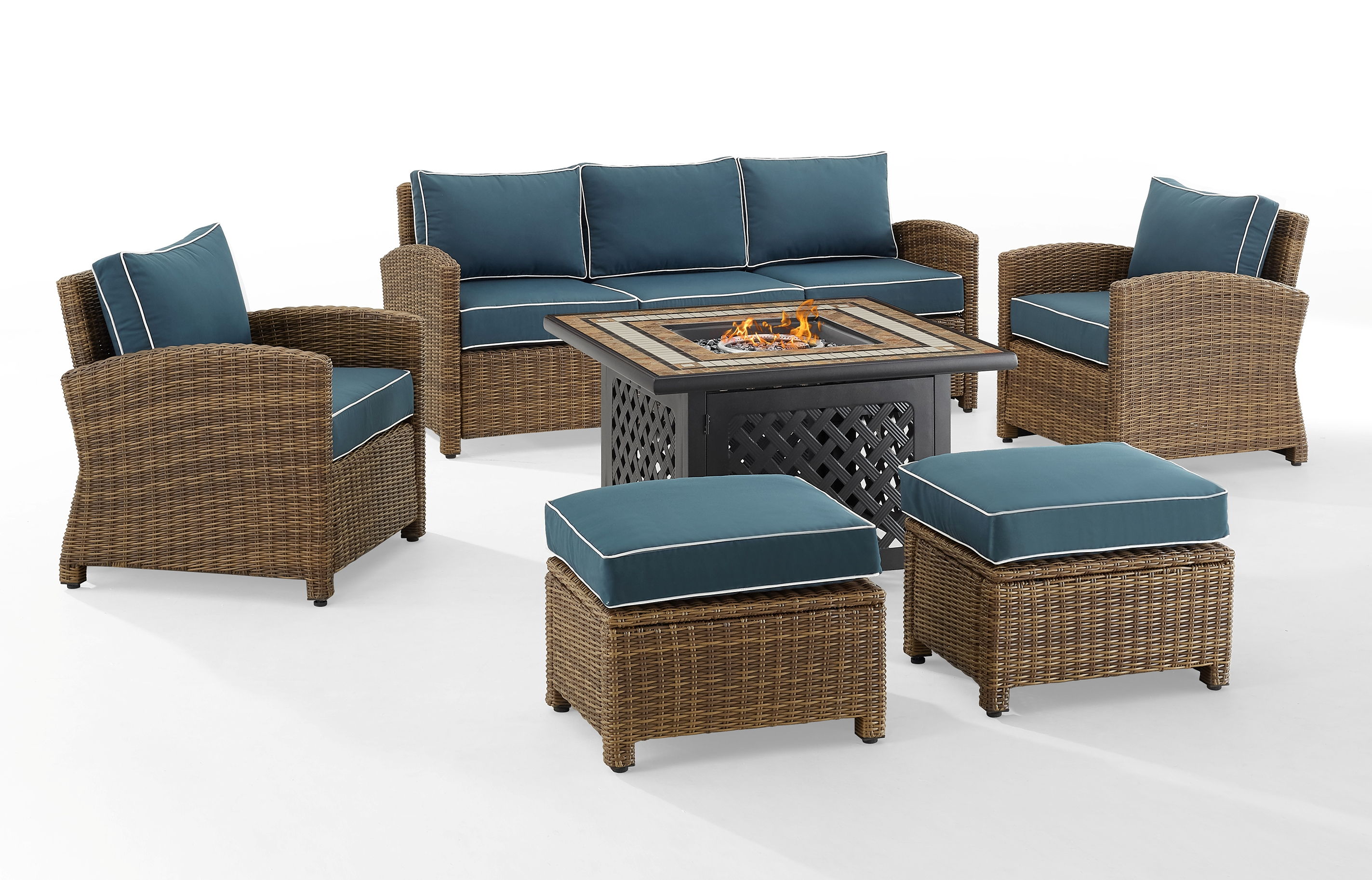 Crosley Bradenton Weathered Brown Navy 6pc Outdoor Set with Dante Fire Tabl...