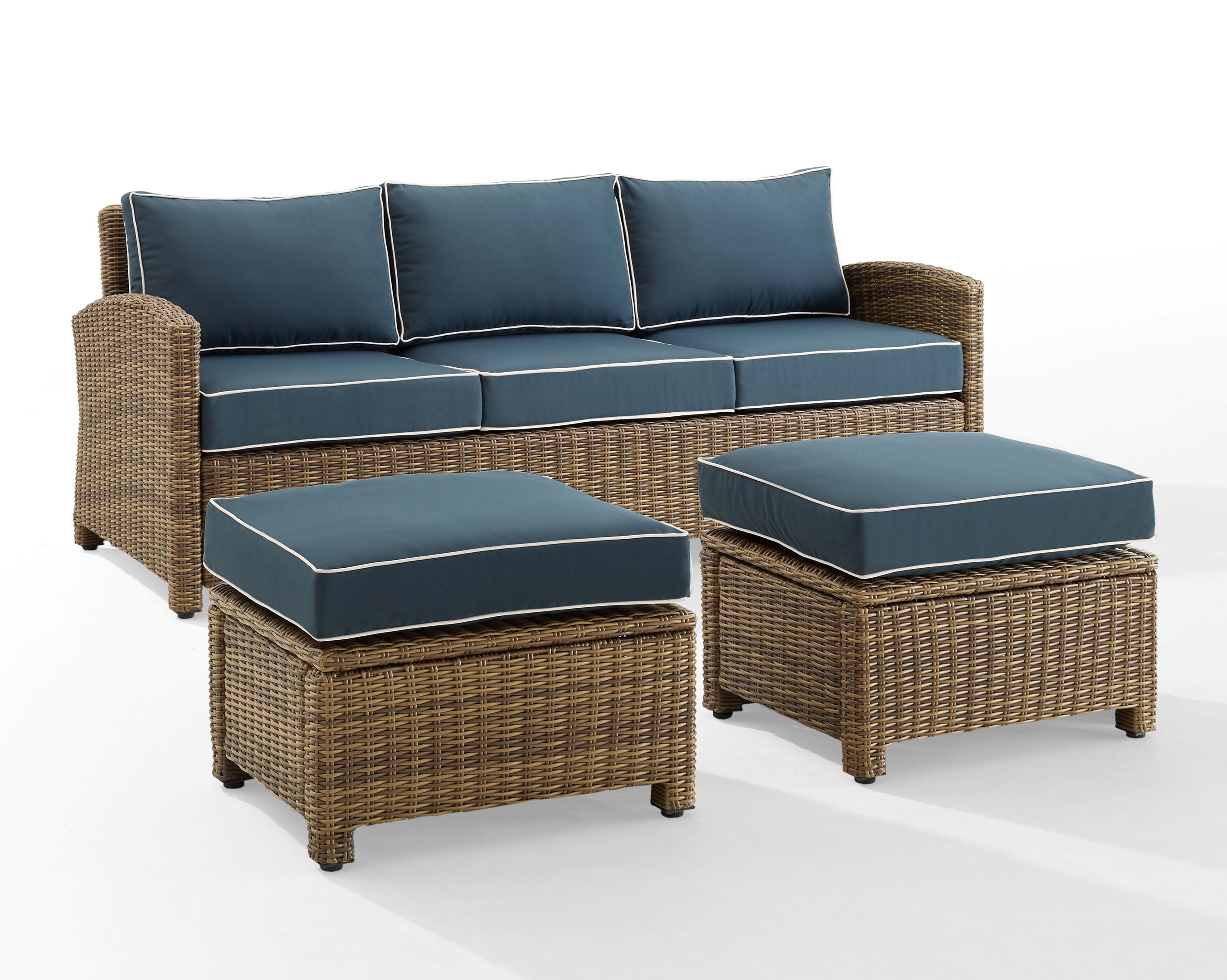 Crosley Bradenton Weathered Brown Navy 3pc Outdoor Patio Set with Ottoman