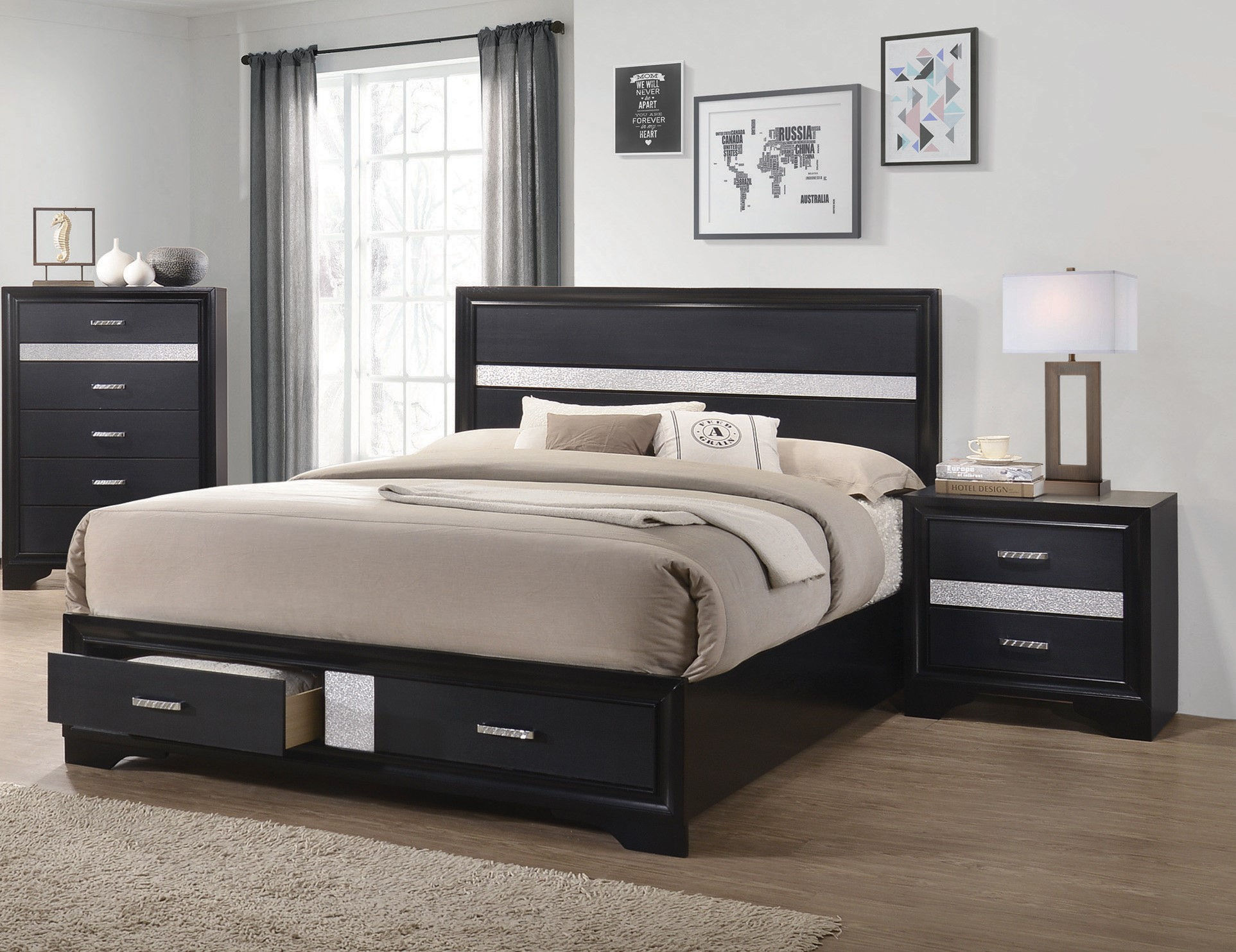Coaster Furniture Miranda Black 2pc Bedroom Set with King Storage Bed