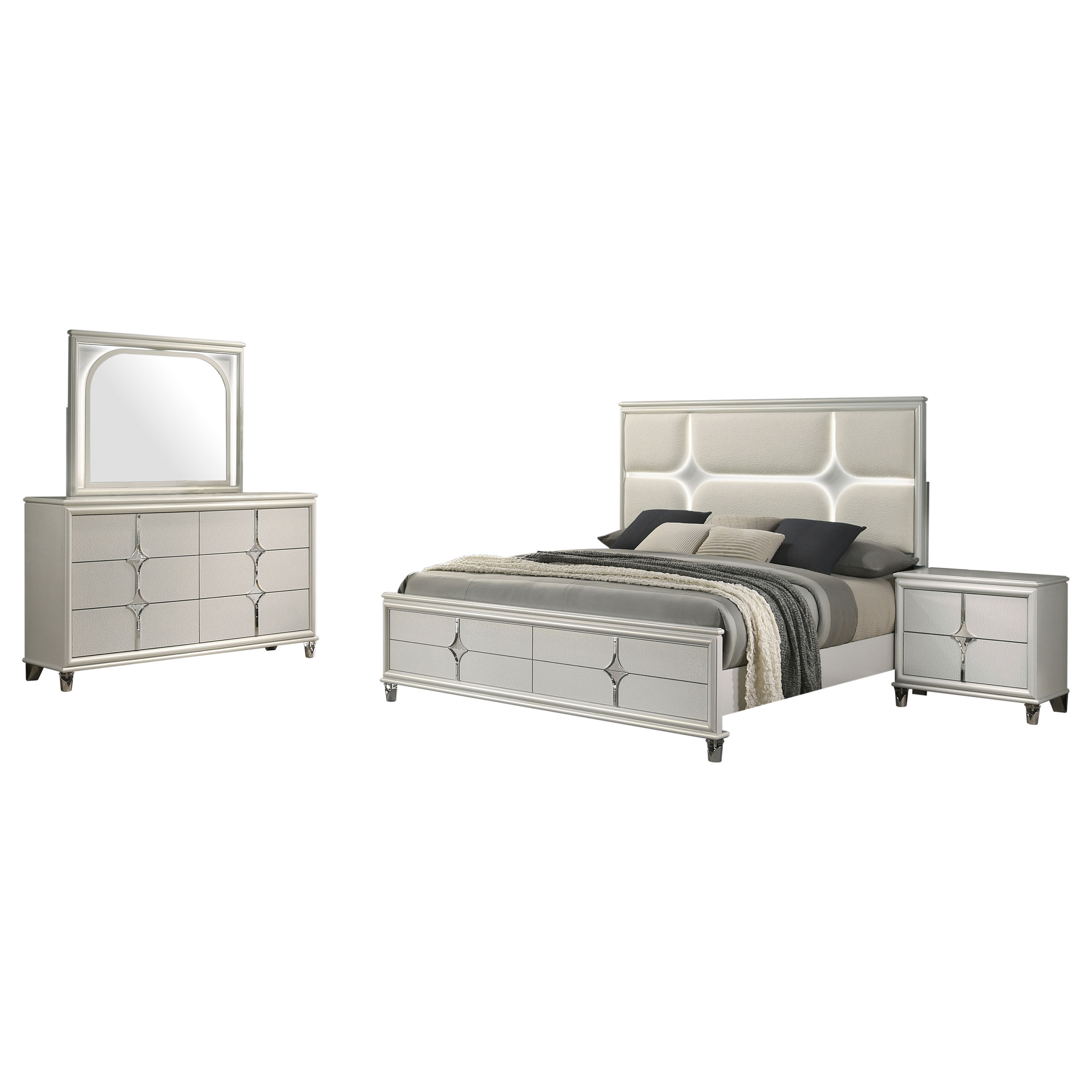 Coaster Furniture Olivia Pearl White Ivory 4pc Bedroom Set with Cal King Be...