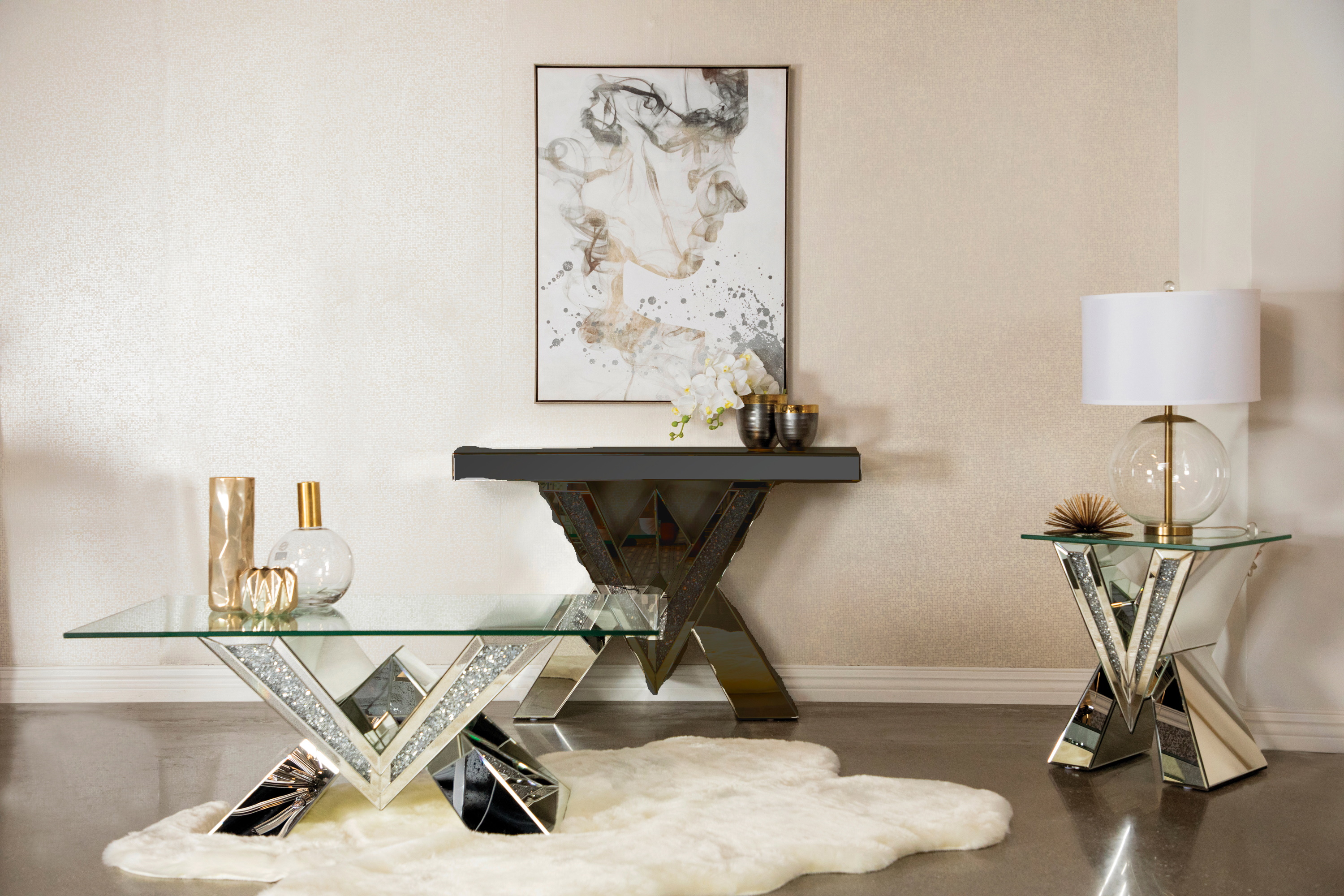 Coaster Furniture Taffeta Silver V Shaped 3pc Coffee Table Set