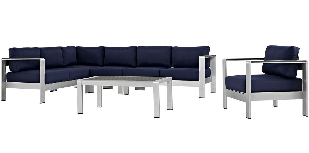 Modway Furniture Shore Silver Navy 6pc Outdoor Sectional