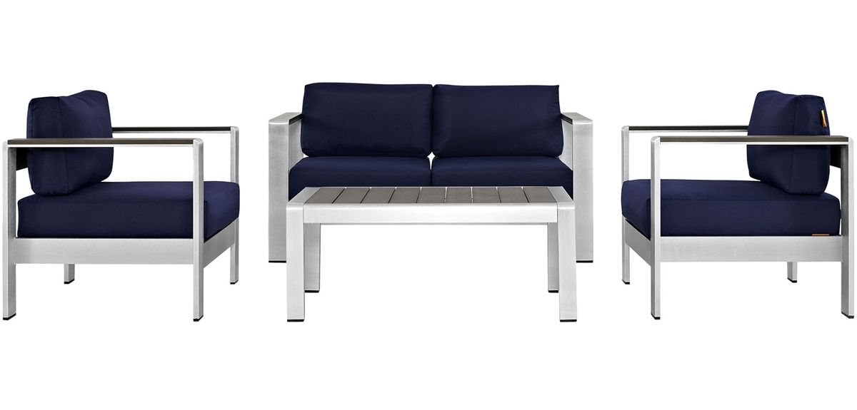 Modway Furniture Shore Silver Navy 4pc Outdoor Patio Sofa Set