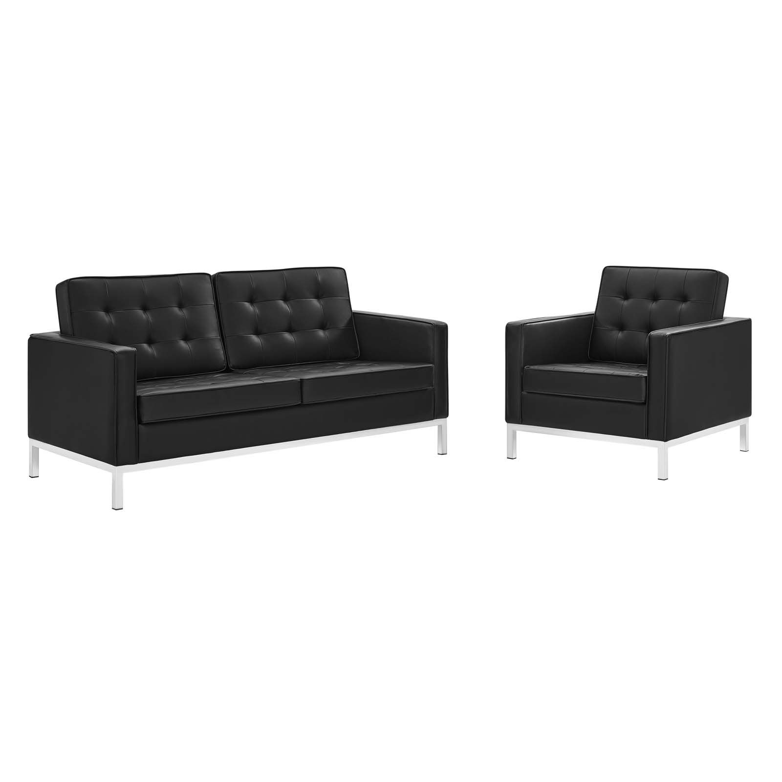 Modway Furniture Loft Silver Black Faux Leather Loveseat and Armchair Set