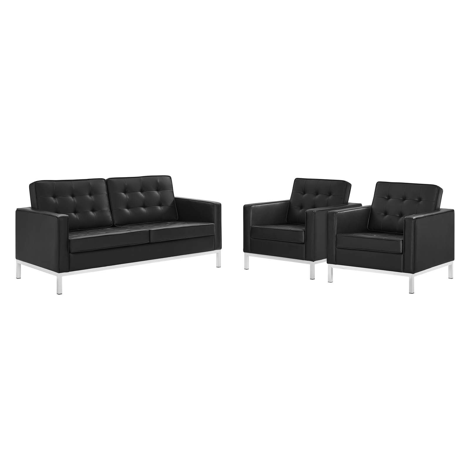 Modway Furniture Loft Silver Black Faux Leather 3pc Living Room Set