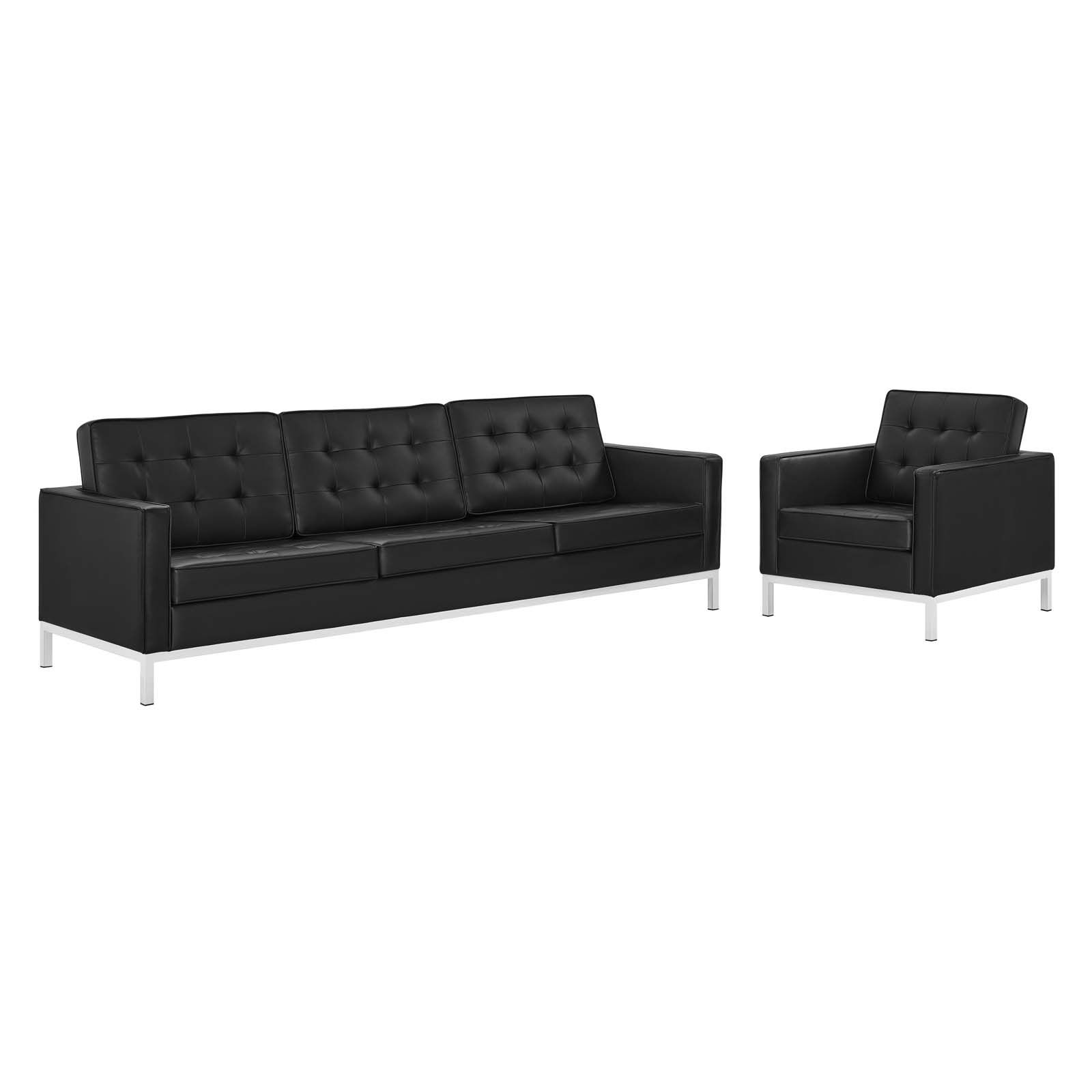 Modway Furniture Loft Silver Black Faux Leather Sofa and Armchair Set