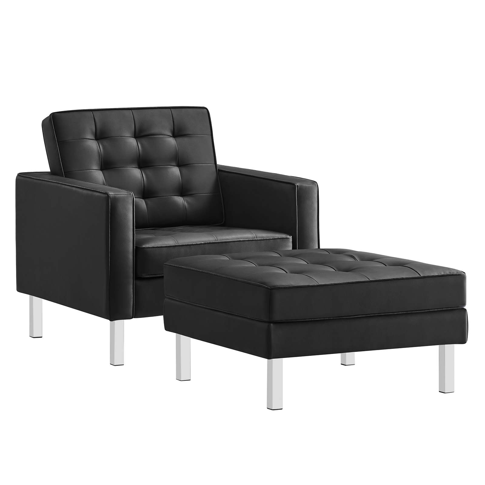 Modway Furniture Loft Silver Black Leather Armchair And Ottoman Set