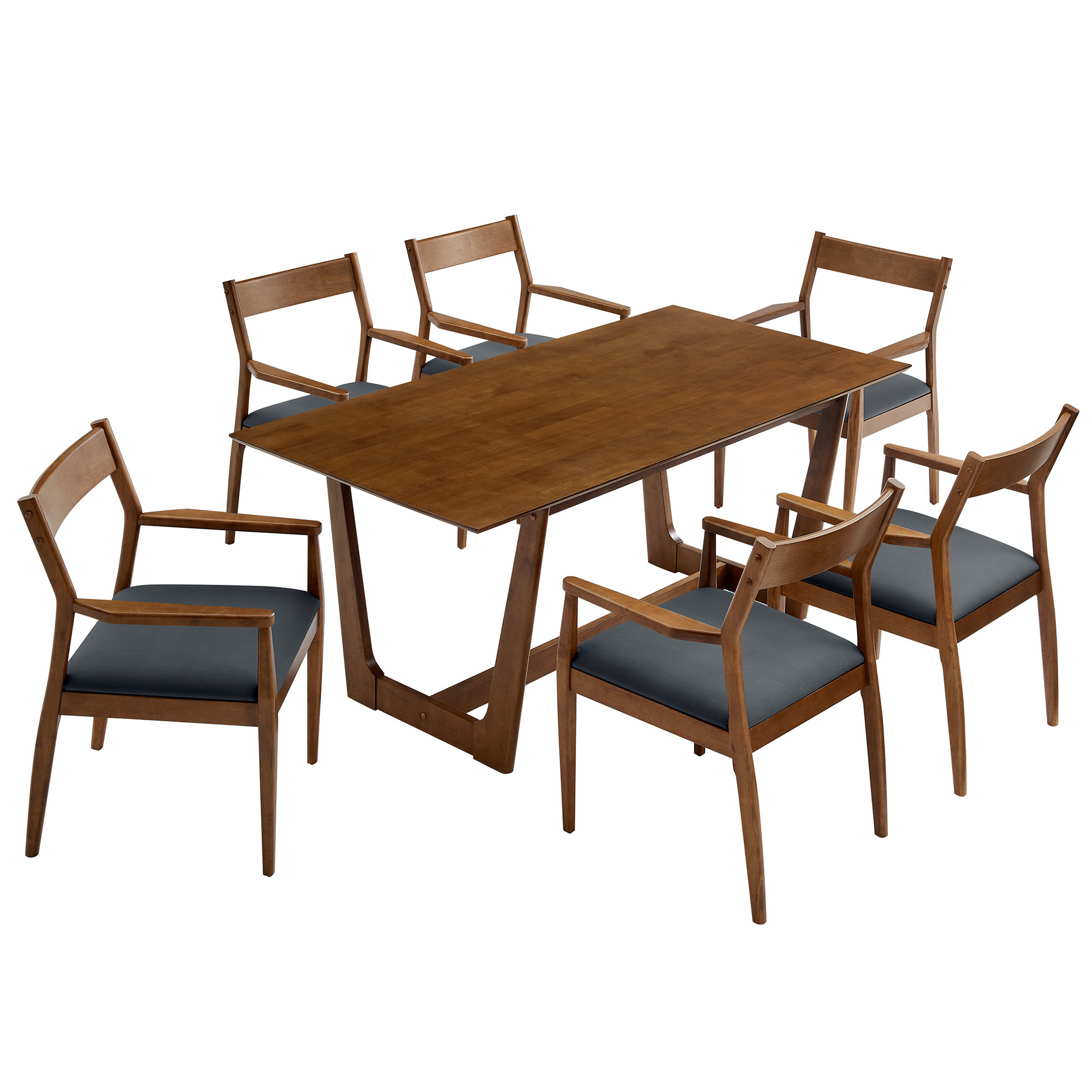 Modway Furniture Solara Walnut Black Leather 7pc Dining Set with Armchairs