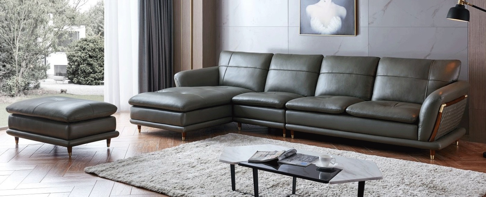 ESF 9180 Green Grey Silver Left Sectional with Ottoman