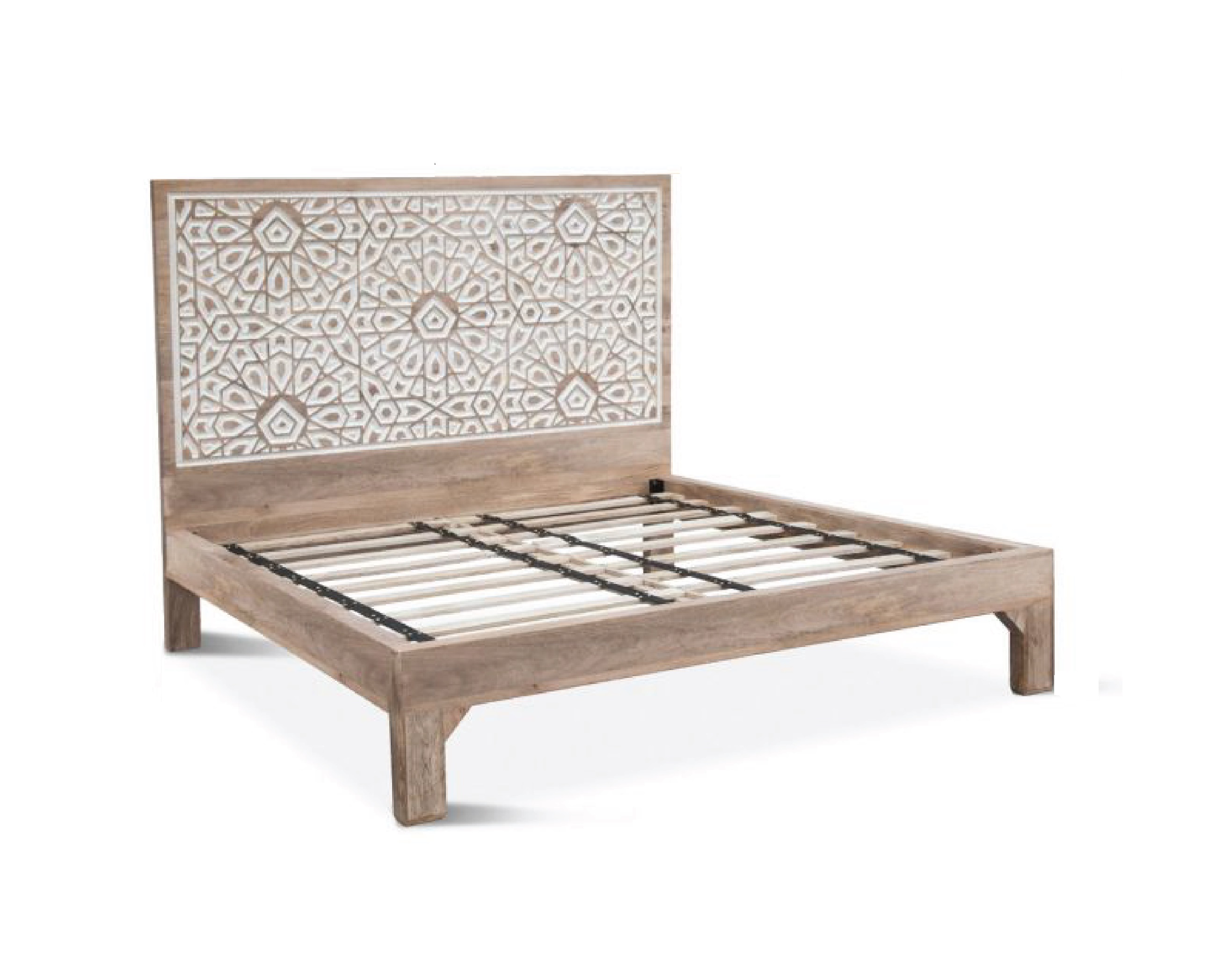 World Interiors Haveli Natural White Geometric Carved Queen Bed