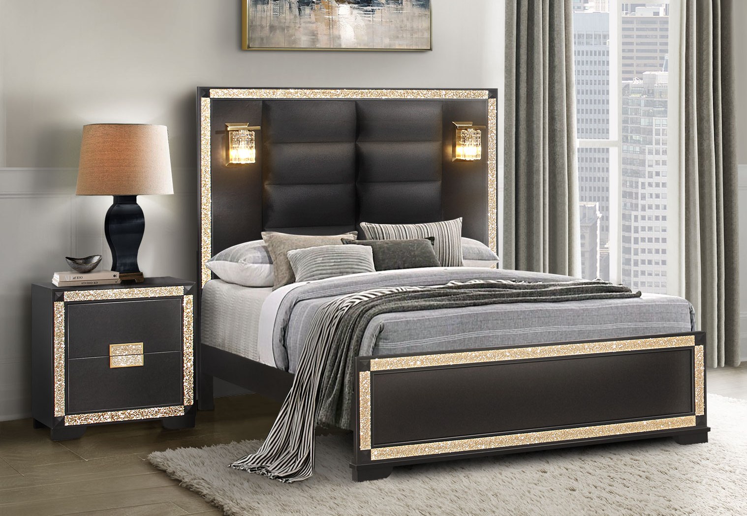 Global Furniture Blake Black Gold 2pc Bedroom Set With King Bed