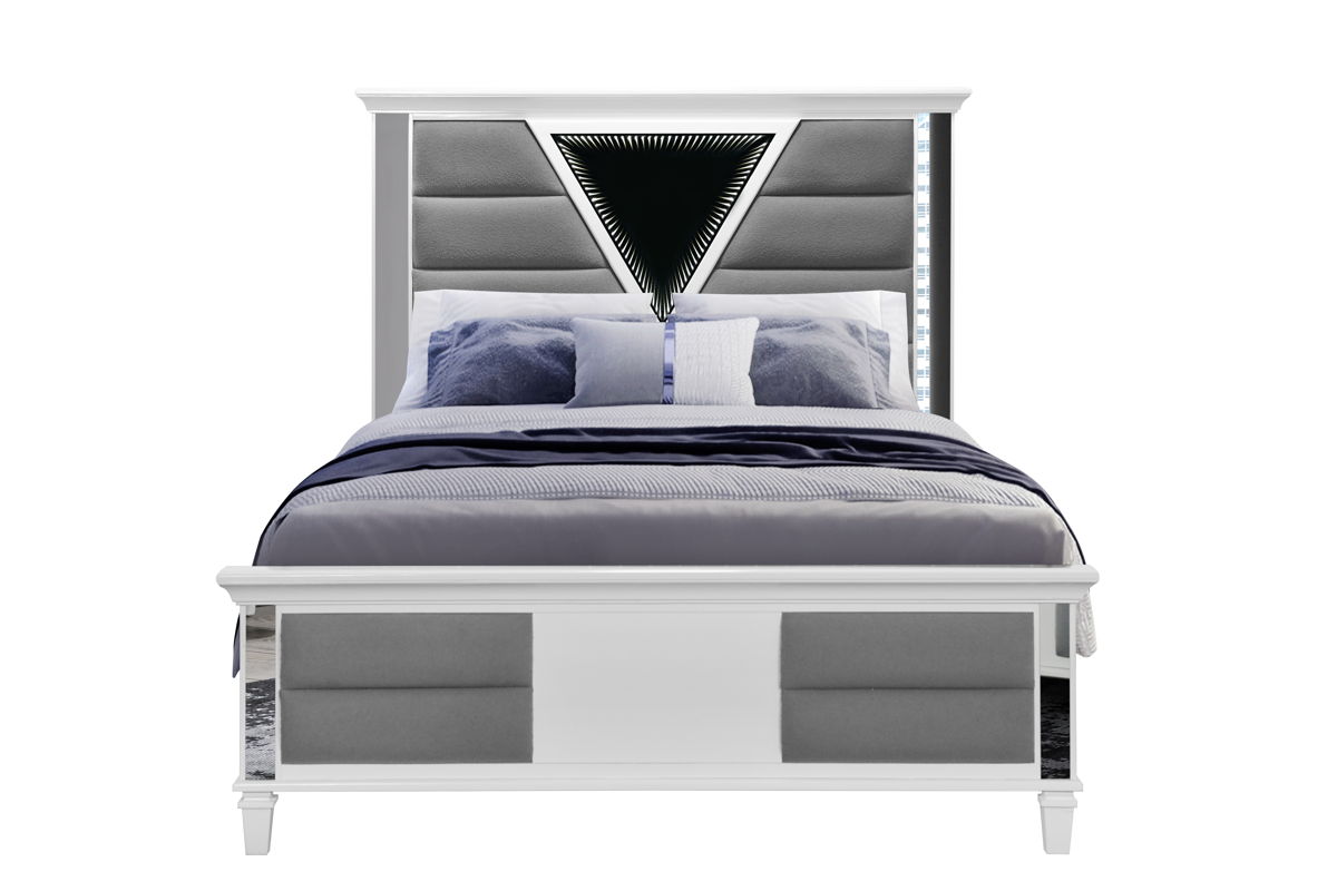 Global Furniture Marco Metallic White Queen Bed with LED 3D Mirror