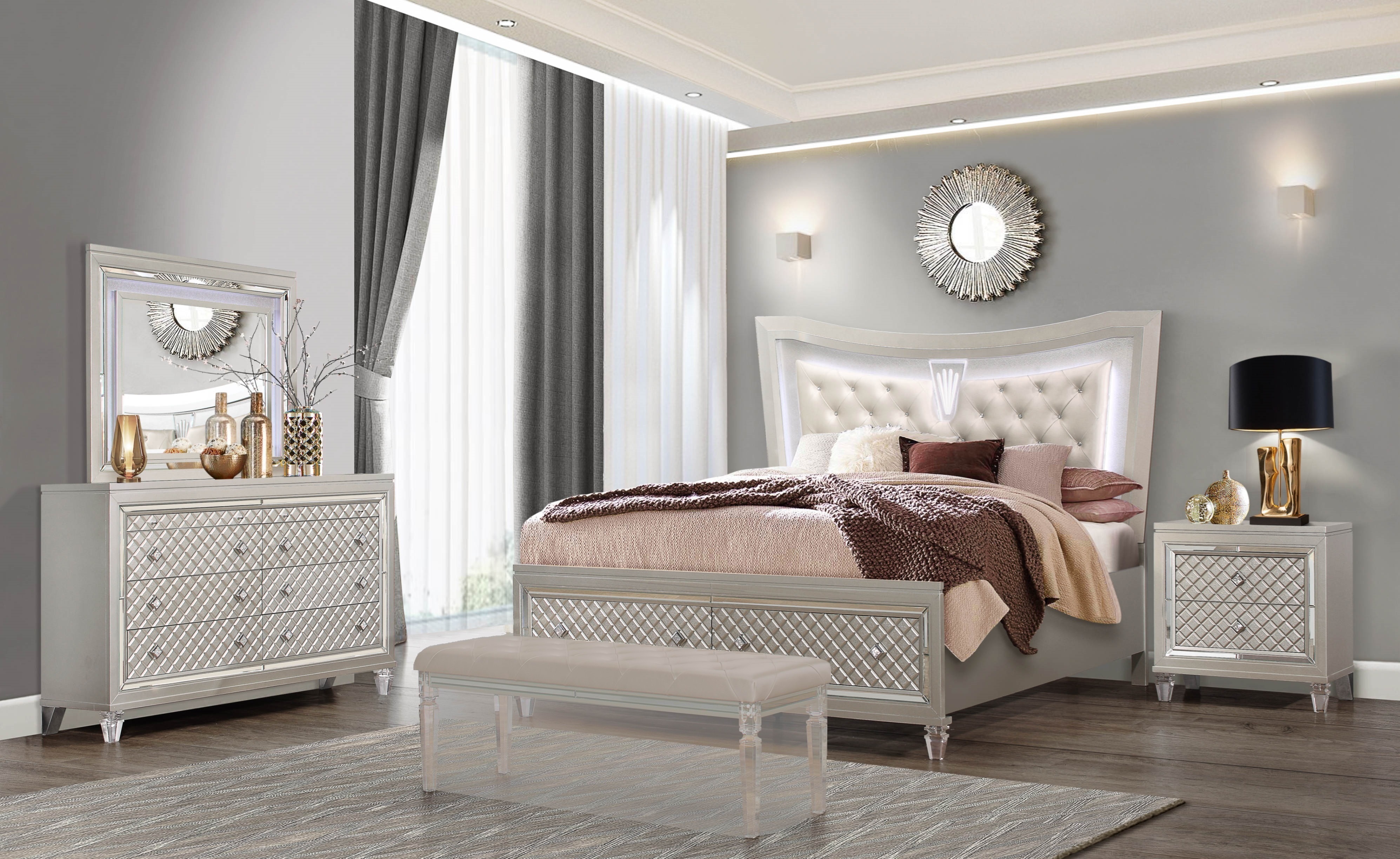 Global Furniture Paris Champagne 4pc Bedroom Set With Queen Panel Bed