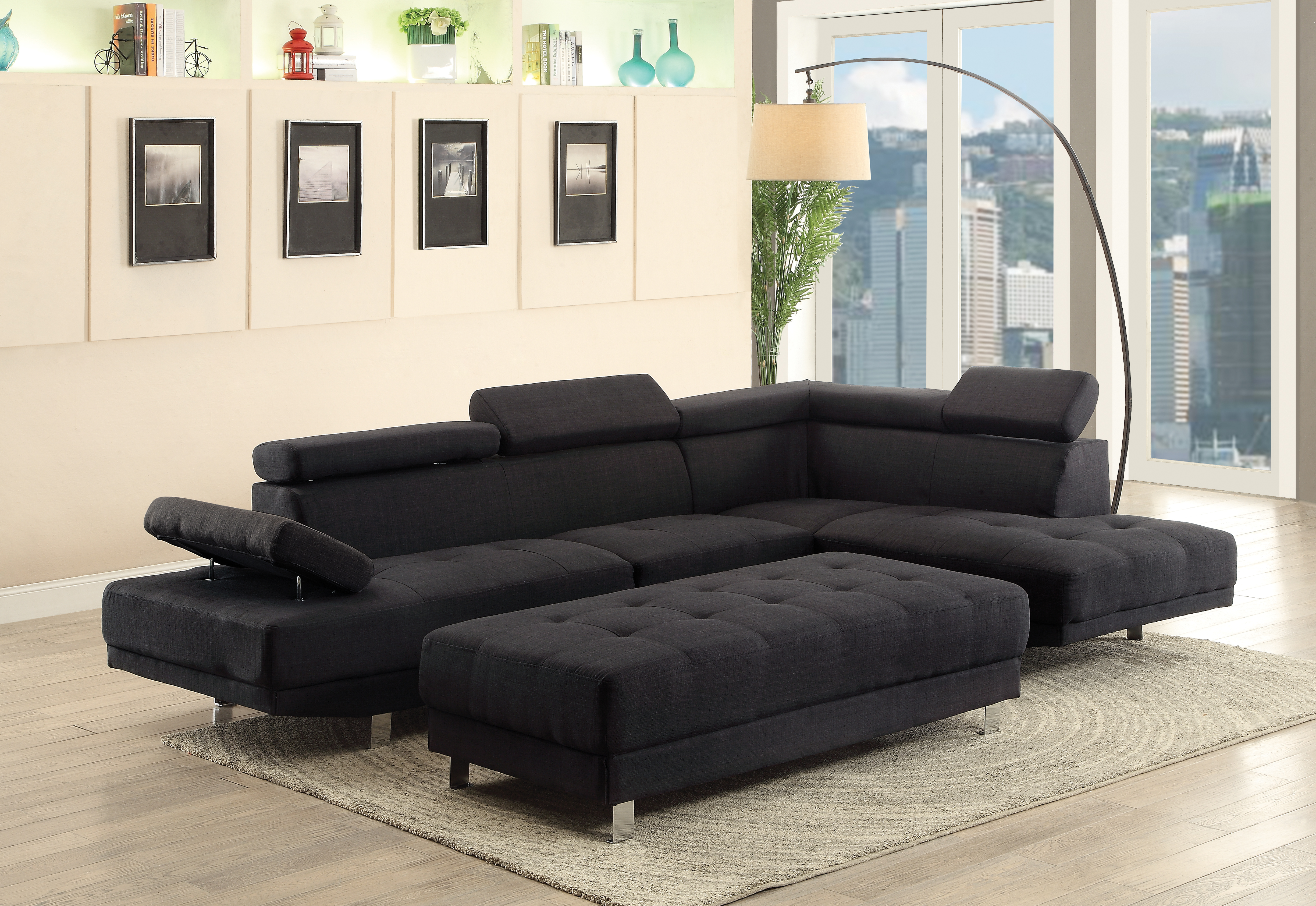 Elite Space Living Rodez Black Sectional With Ottoman