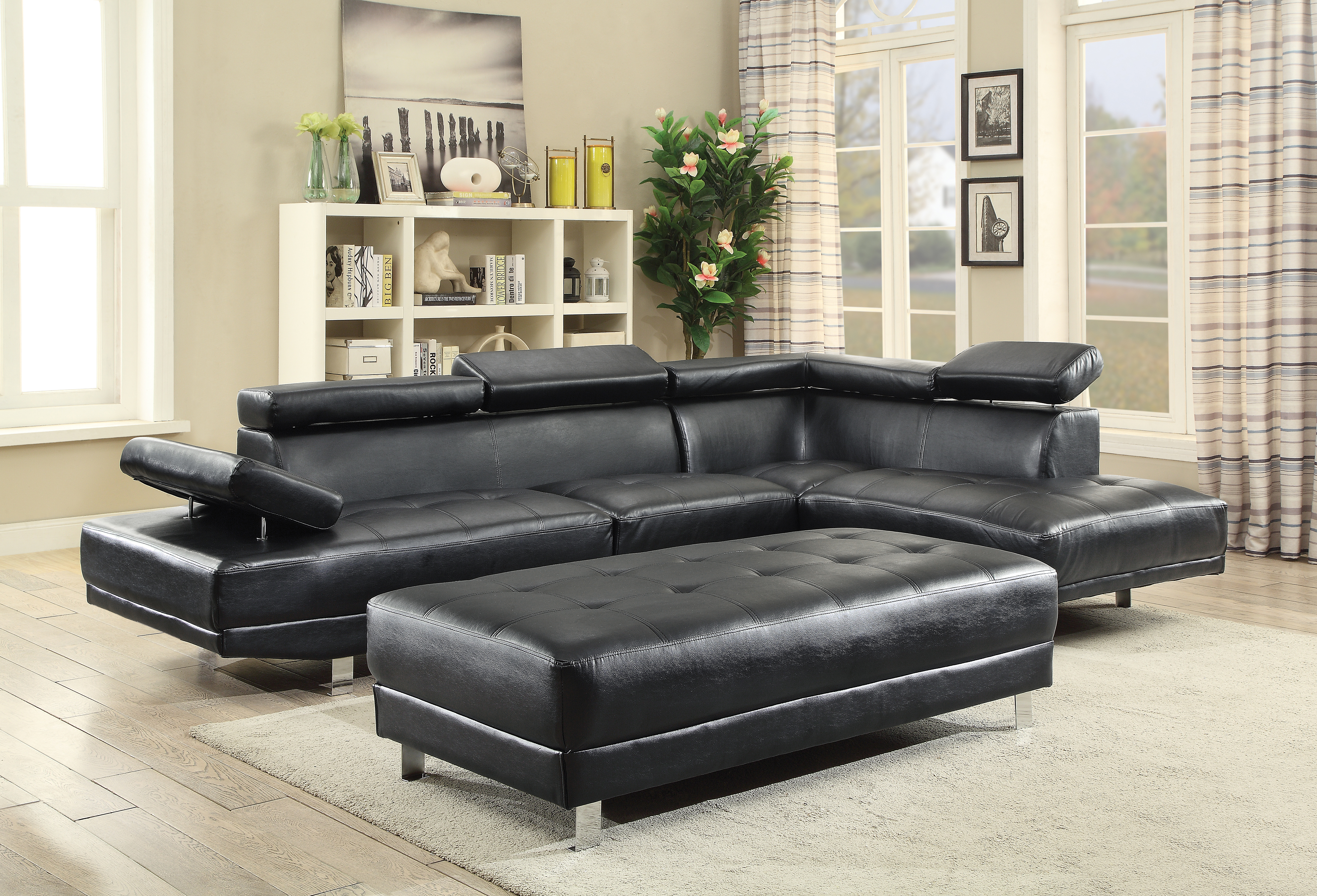 Glory Furniture Riveredge Black Faux Leather Sectional with Ottoman