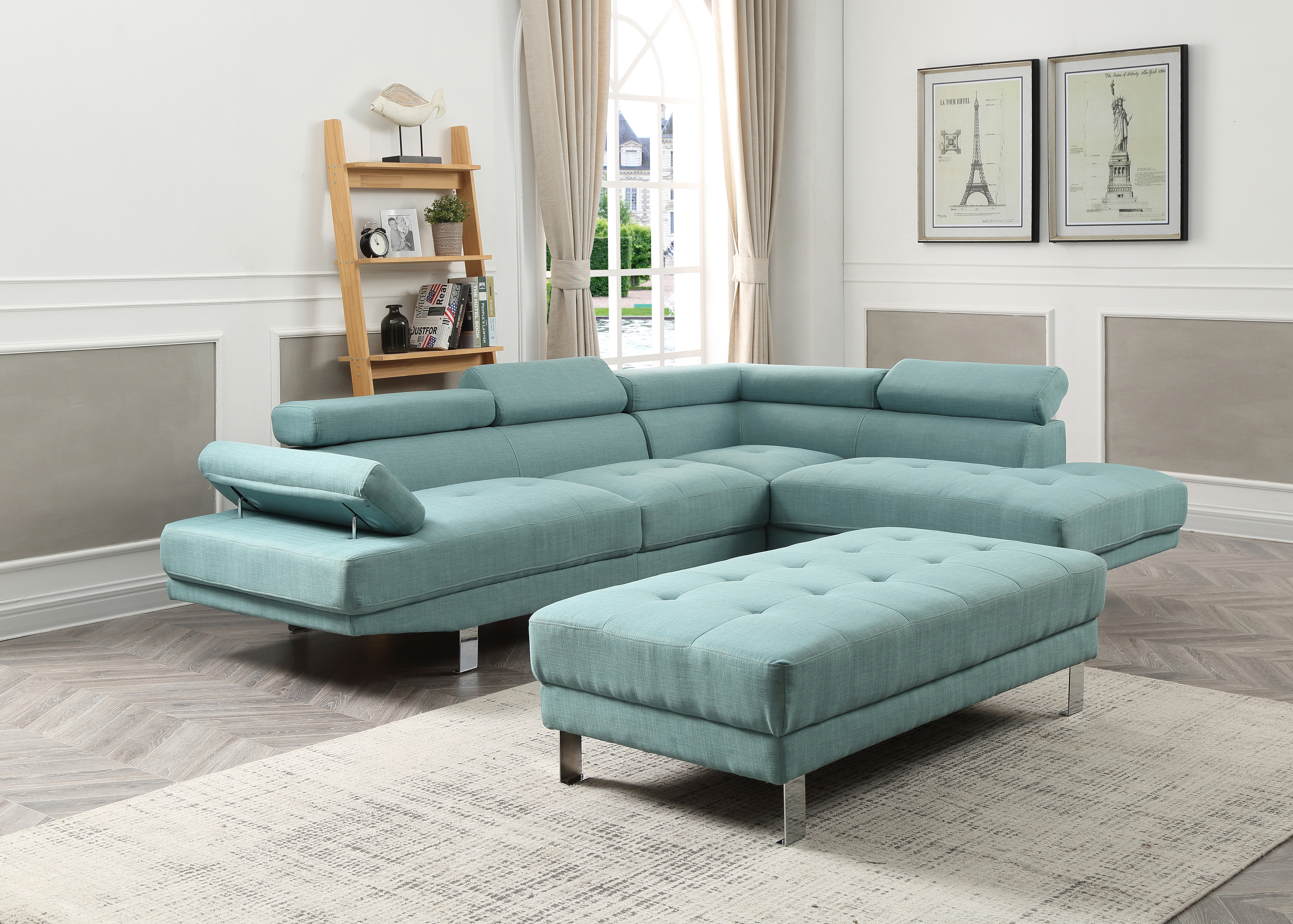 Elite Space Living Rodez Teal Sectional With Ottoman