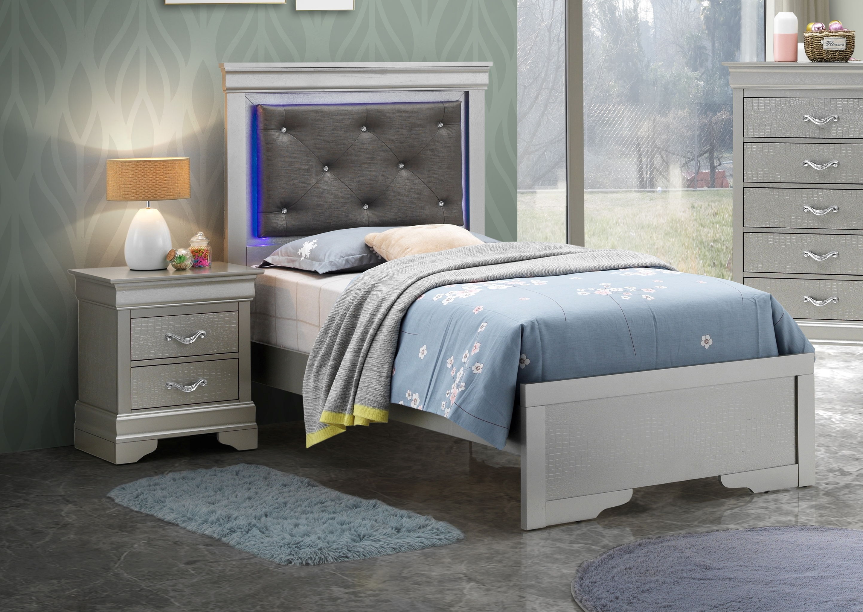 Glory Furniture Lorana Silver Champagne 2pc Bedroom Set with Twin Bed