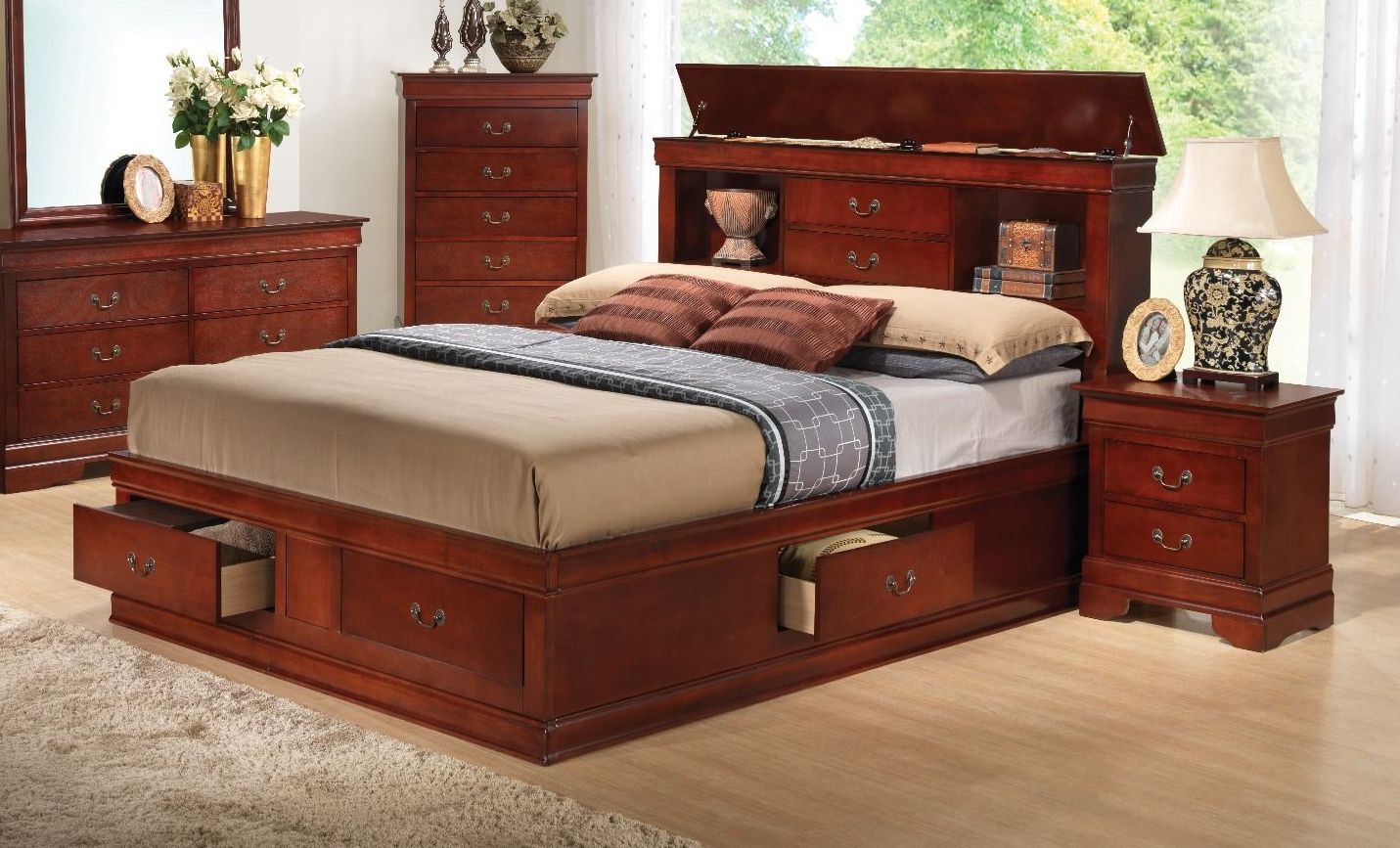 Glory Furniture Louis Phillipe Cherry King Bookcase 4pc Bedroom Set With Tw...