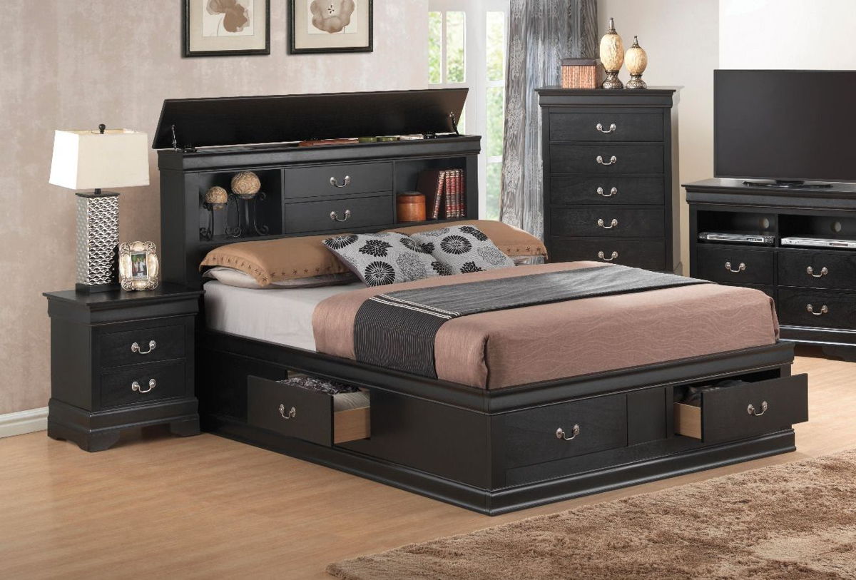 Glory Furniture Louis Phillipe Black 2pc Bedroom Set with Queen Bookcase St...