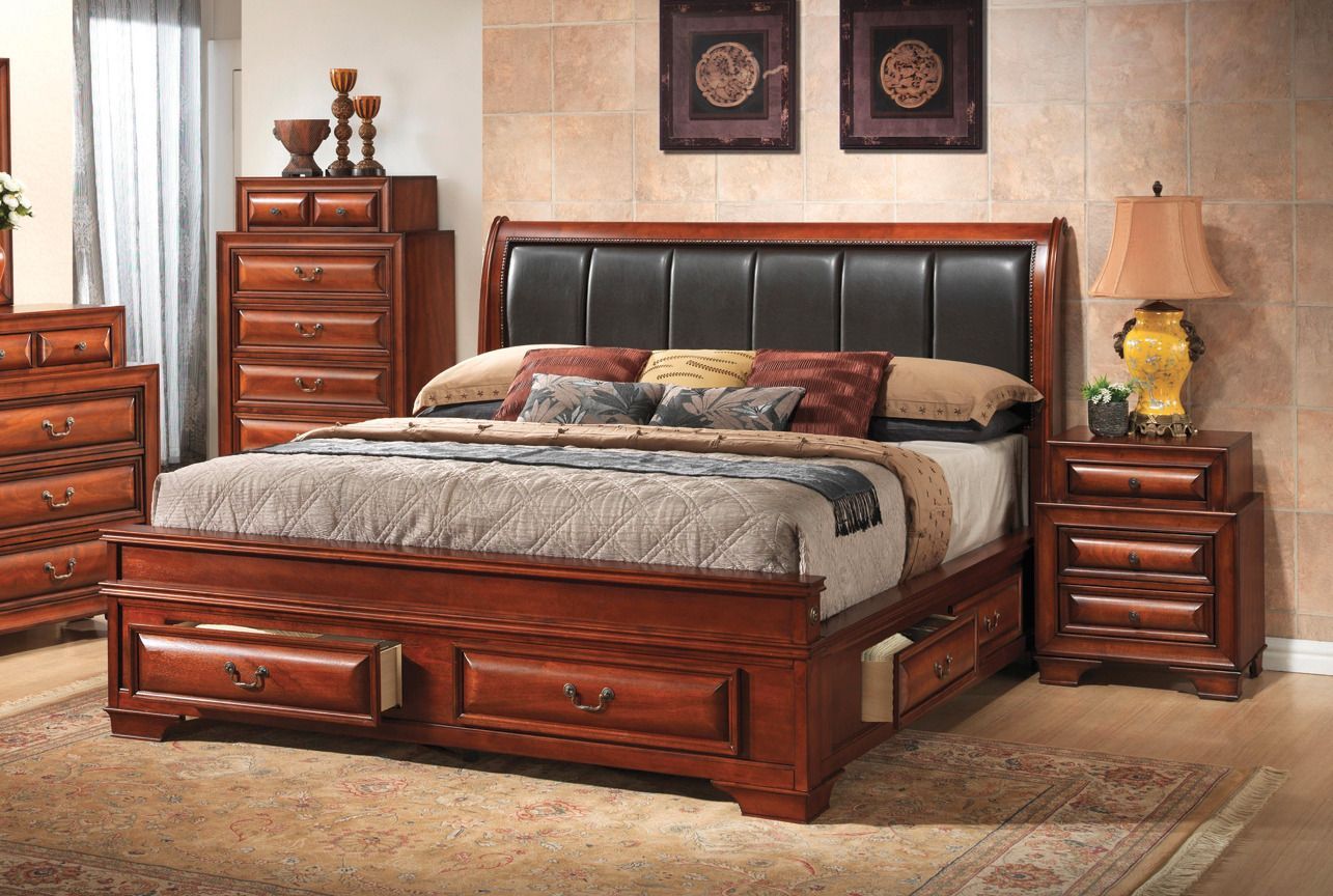 Glory Furniture LaVita Oak Faux Leather 2pc Bedroom Set with Queen Storage ...
