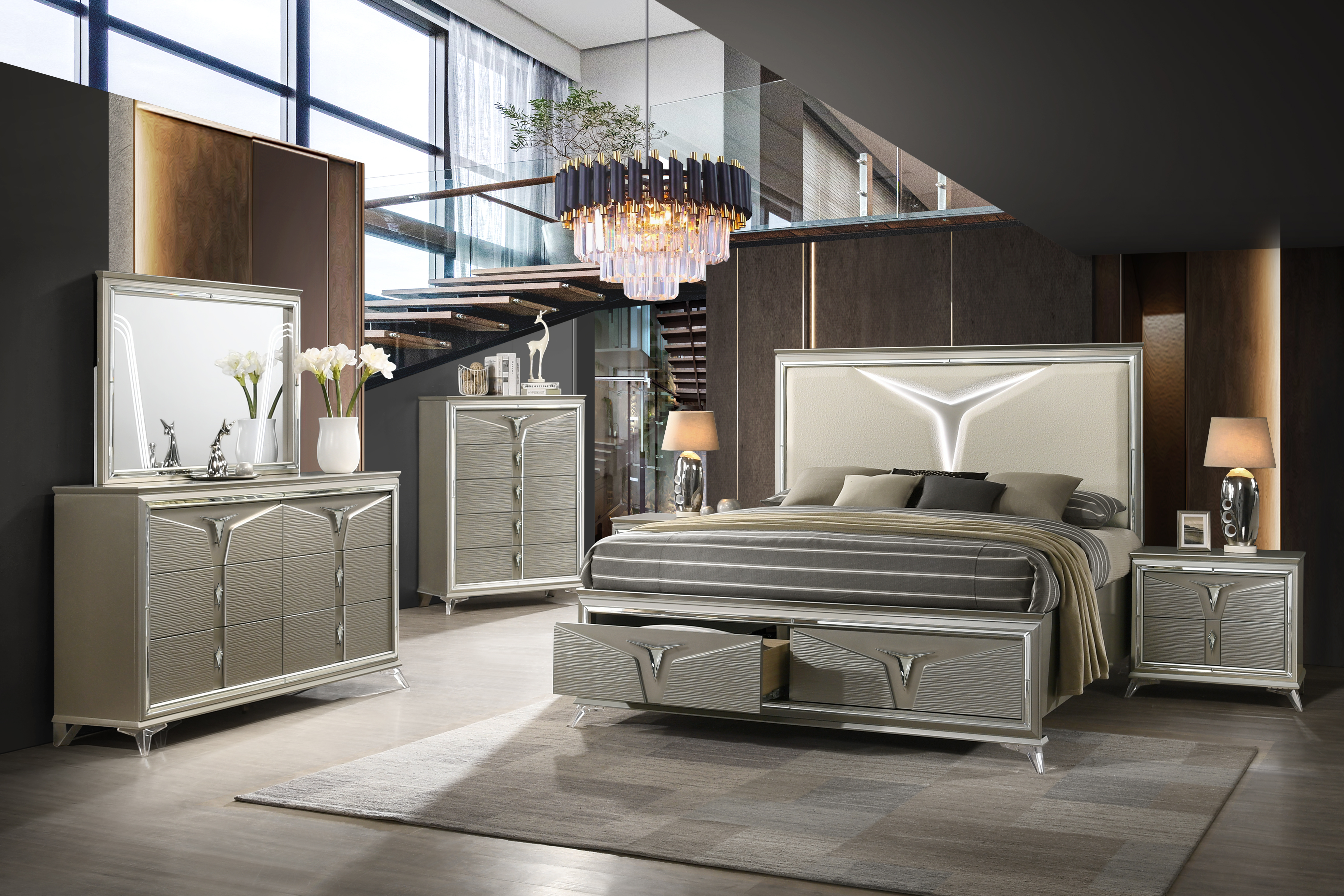 Galaxy Home Samantha Olive Silver 5pc Queen Bedroom Set