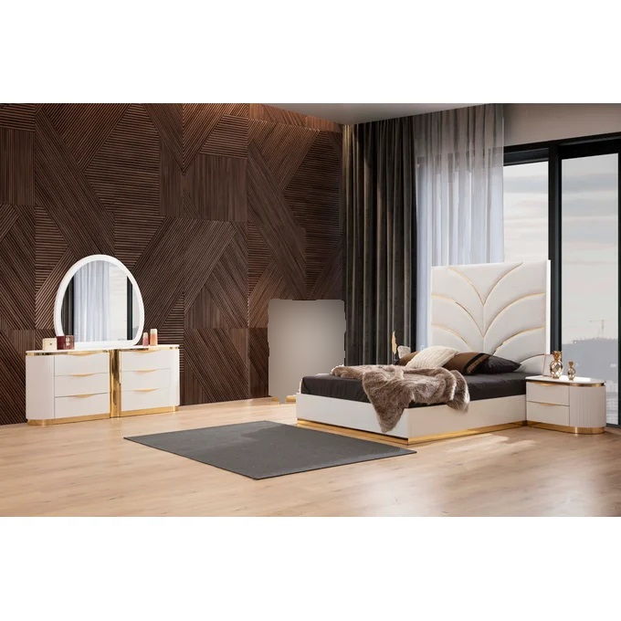 Galaxy Home Laura White Gold Detailed Upholstery 5pc Queen Bedroom Set