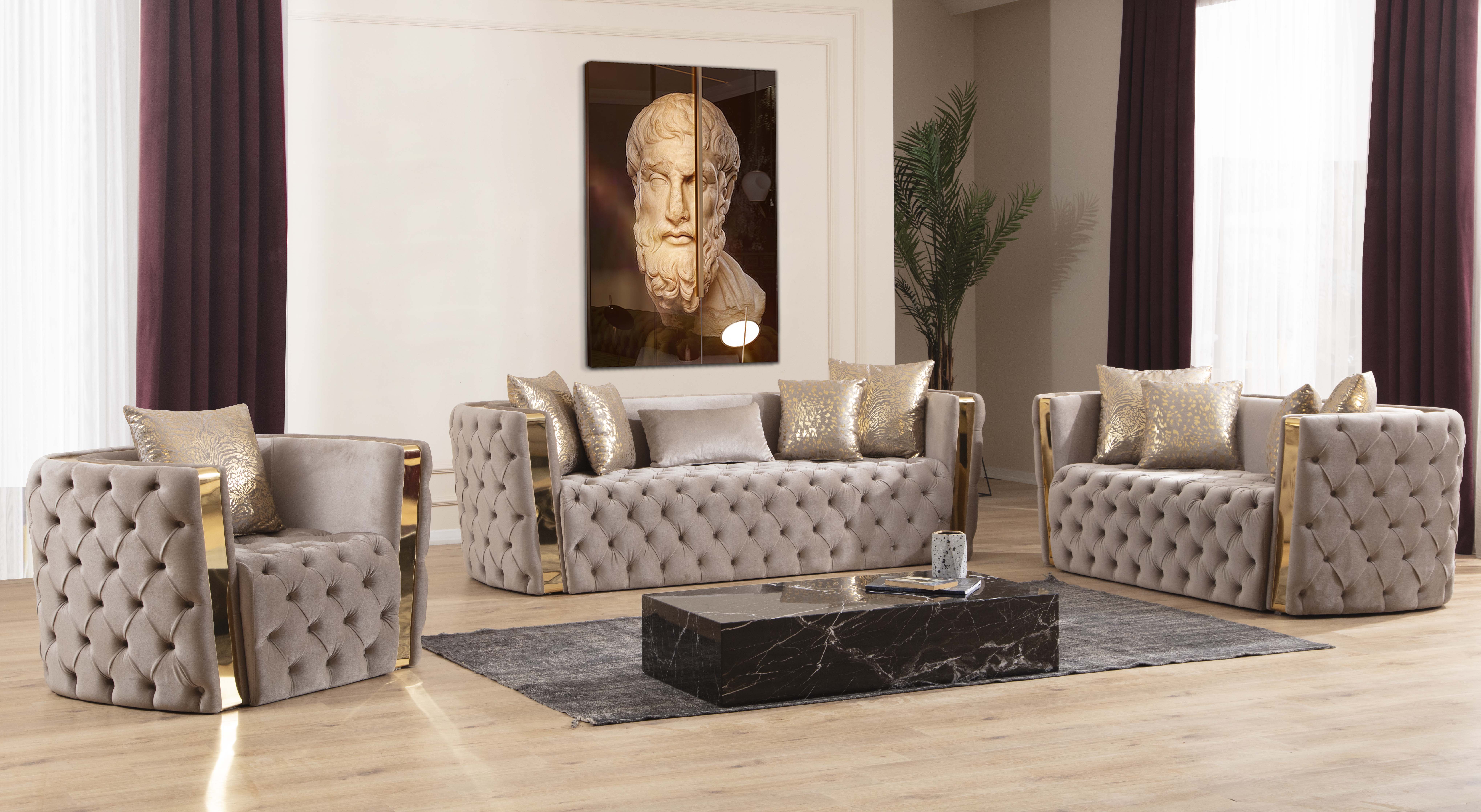 Galaxy Home Naomi Taupe Button Tufted 3pc Living Room Set