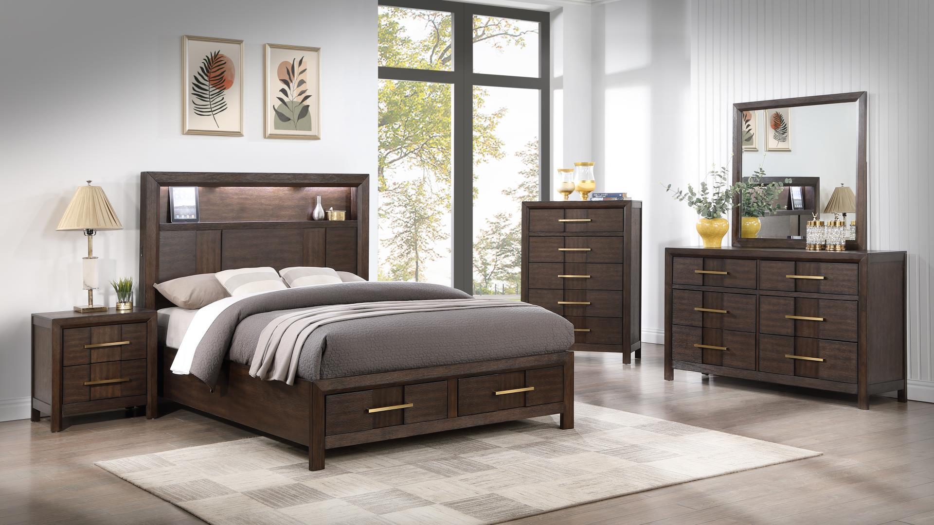 Galaxy Home Kenzo Walnut 5pc Full Bedroom Set With Bluetooth Speakers And U...