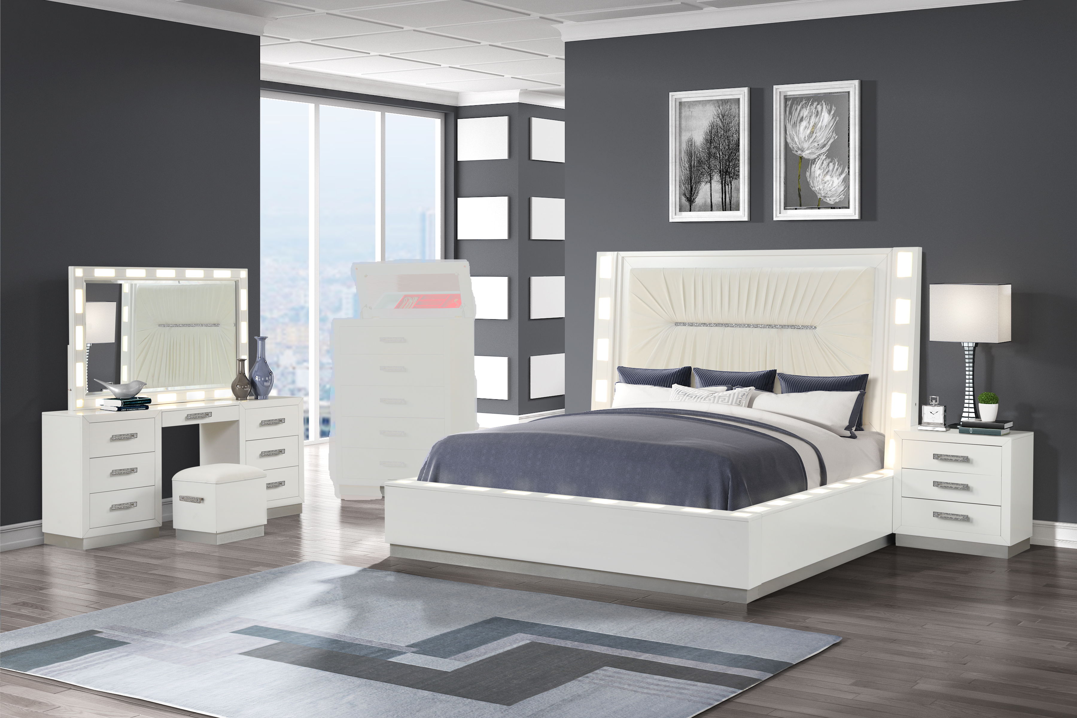 Galaxy Home Coco Milky White 4pc Queen Bedroom Set with Vanity Set