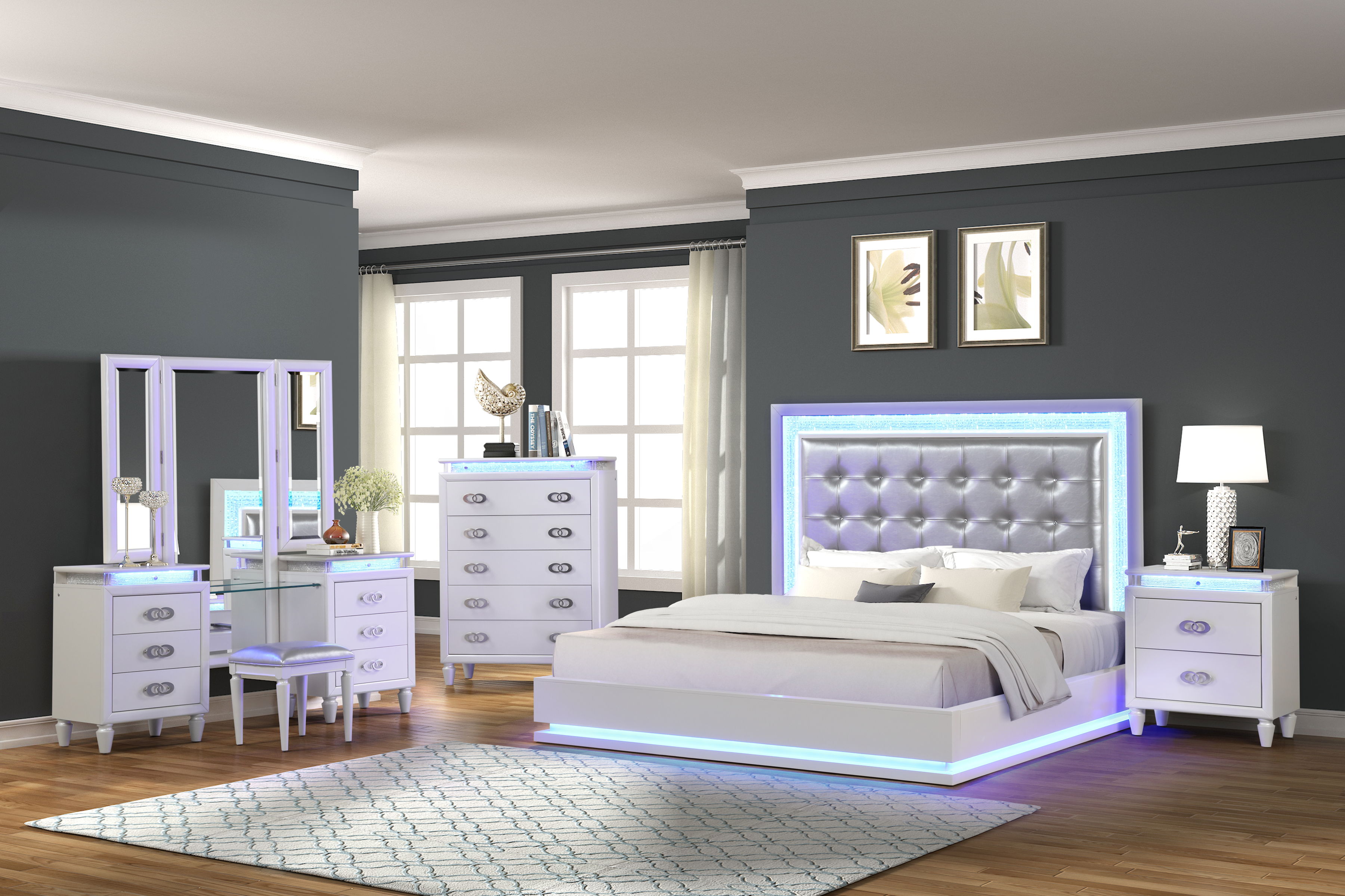 Galaxy Home Passion Milky White 5pc Queen Bedroom Set with Vanity Set
