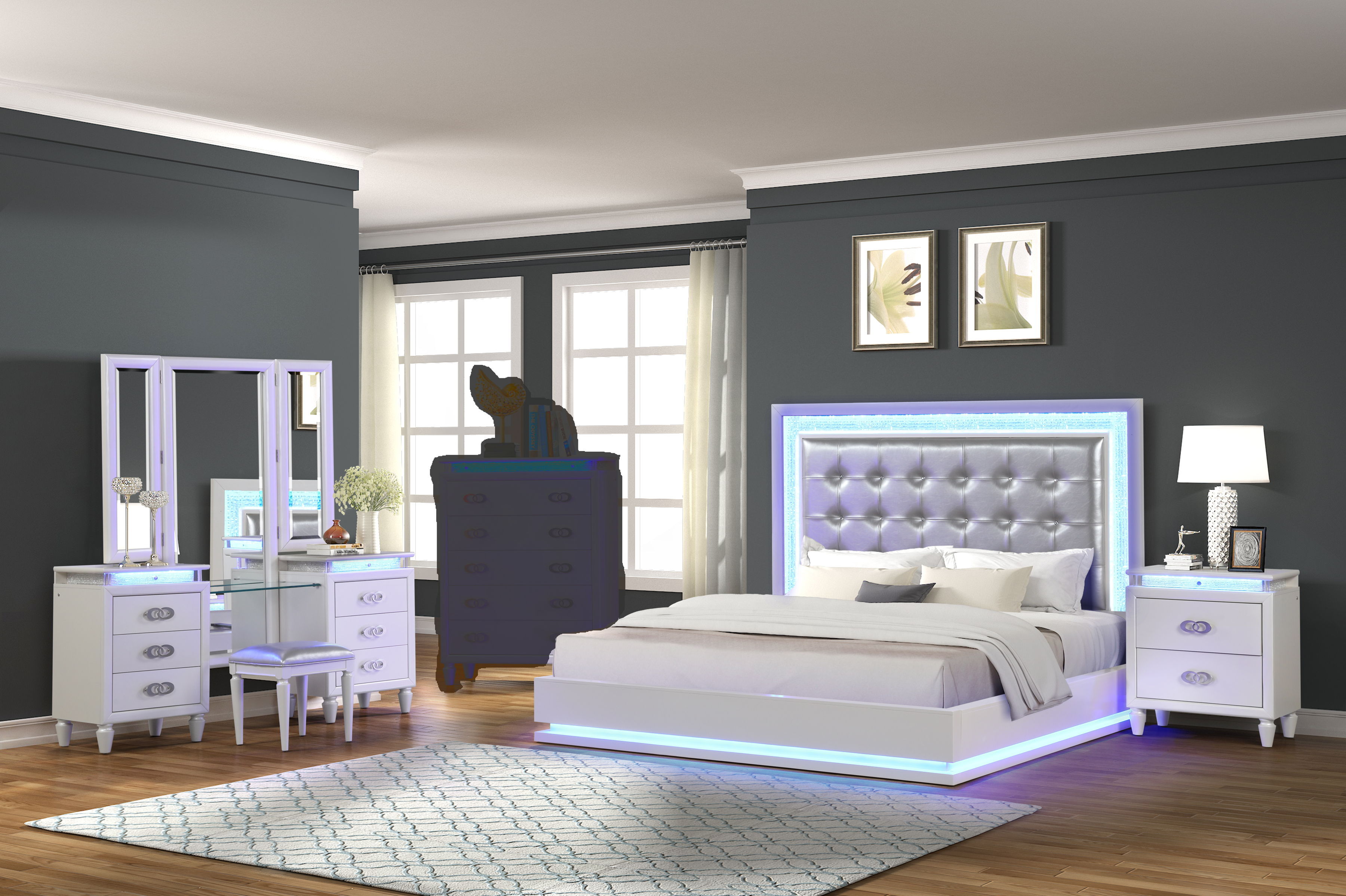 Galaxy Home Passion Milky White 4pc Queen Bedroom Set with Vanity Set
