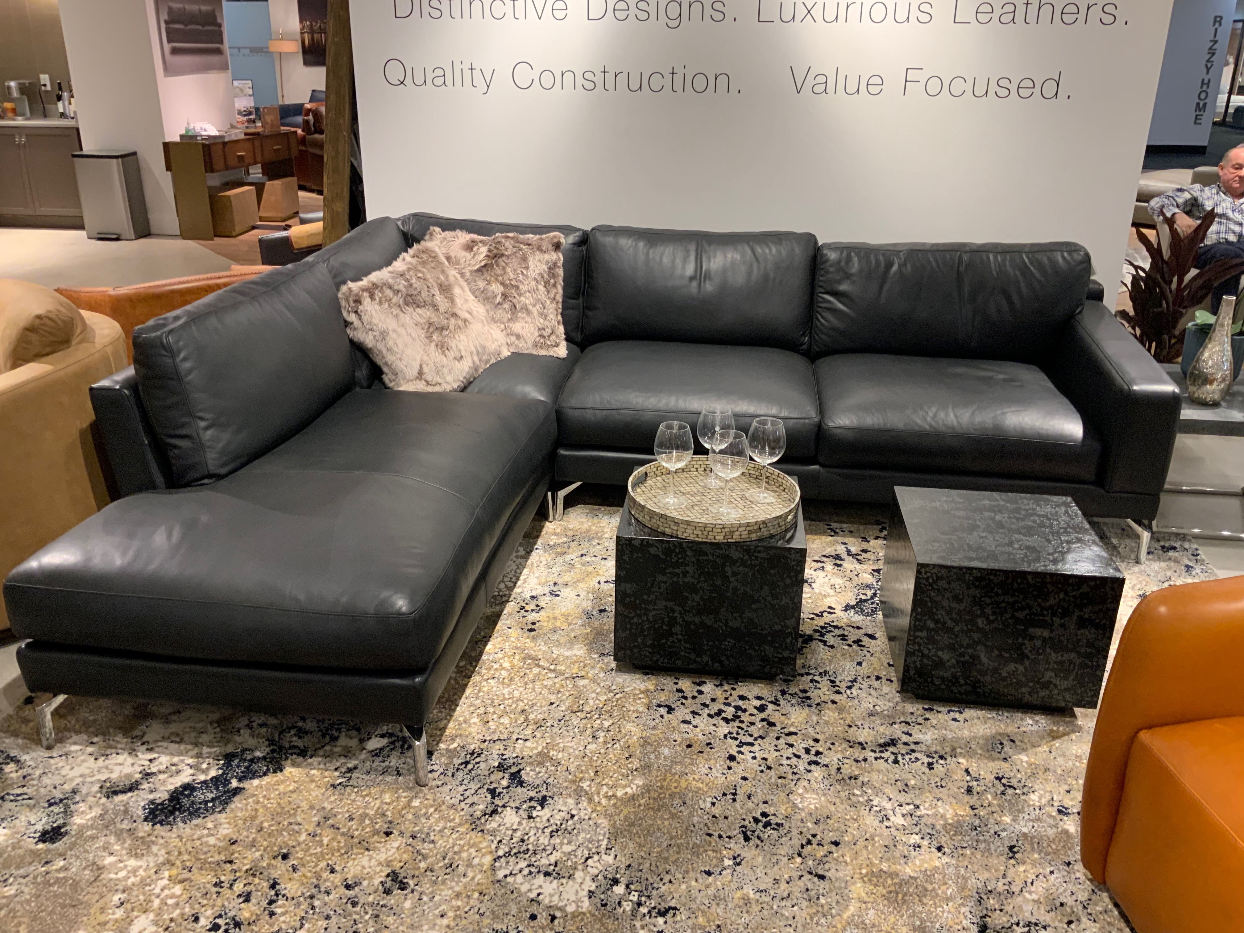 GTR Montreal Onyx Leather Left Arm Facing Chaise Sectional